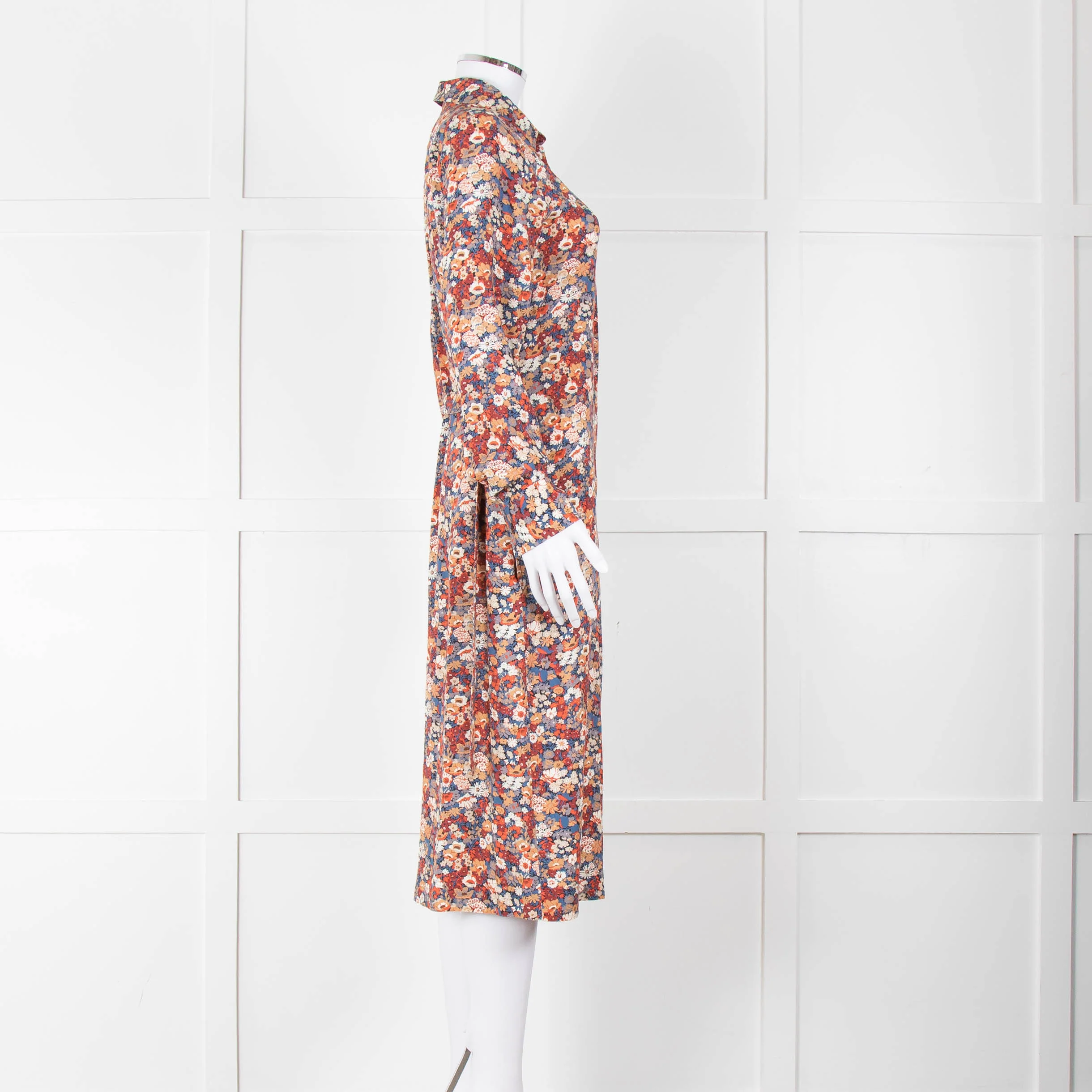 A.P.C Blue Orange Floral Button Up Belted Long Dress - Image 11