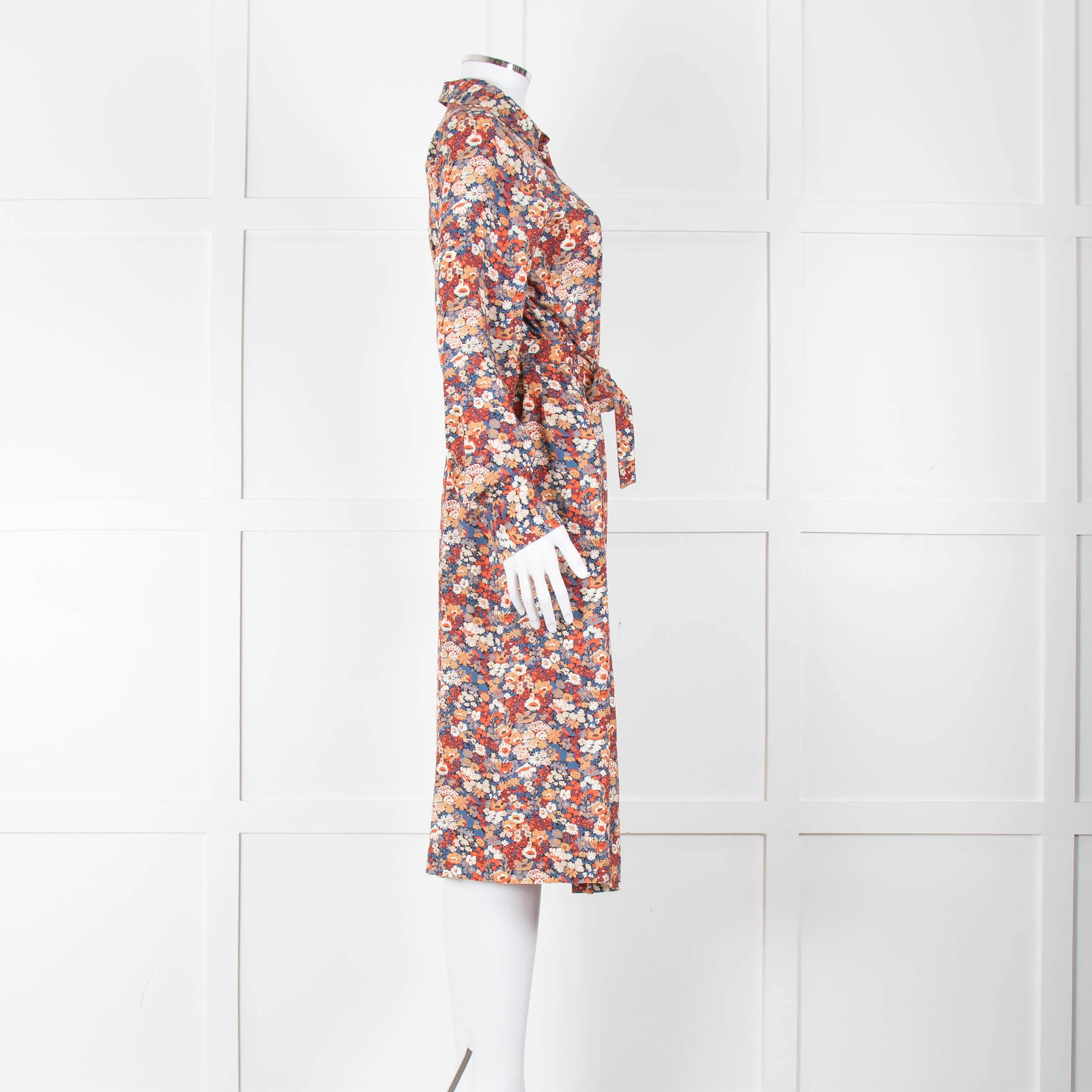 A.P.C Blue Orange Floral Button Up Belted Long Dress - Image 3