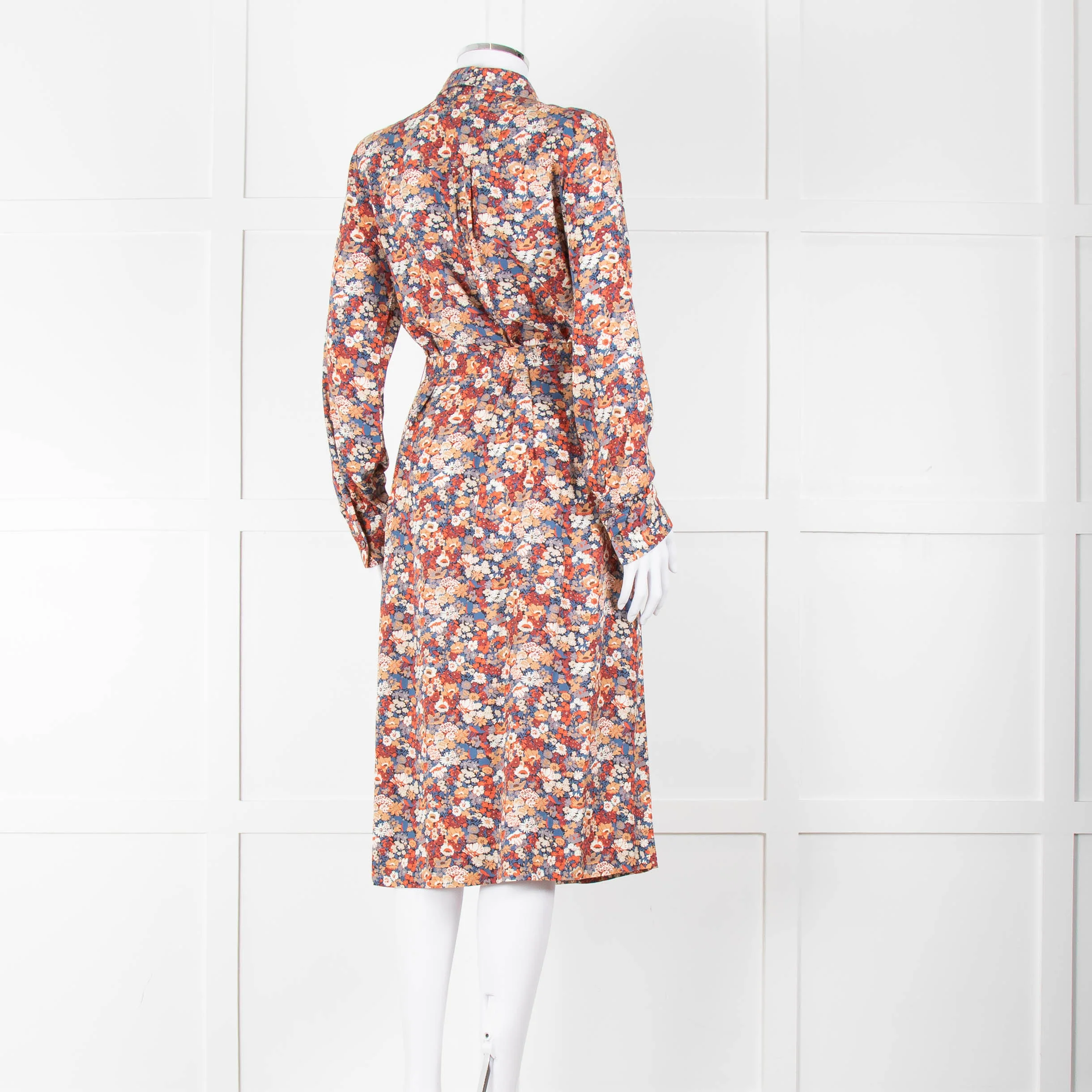 A.P.C Blue Orange Floral Button Up Belted Long Dress - Image 4
