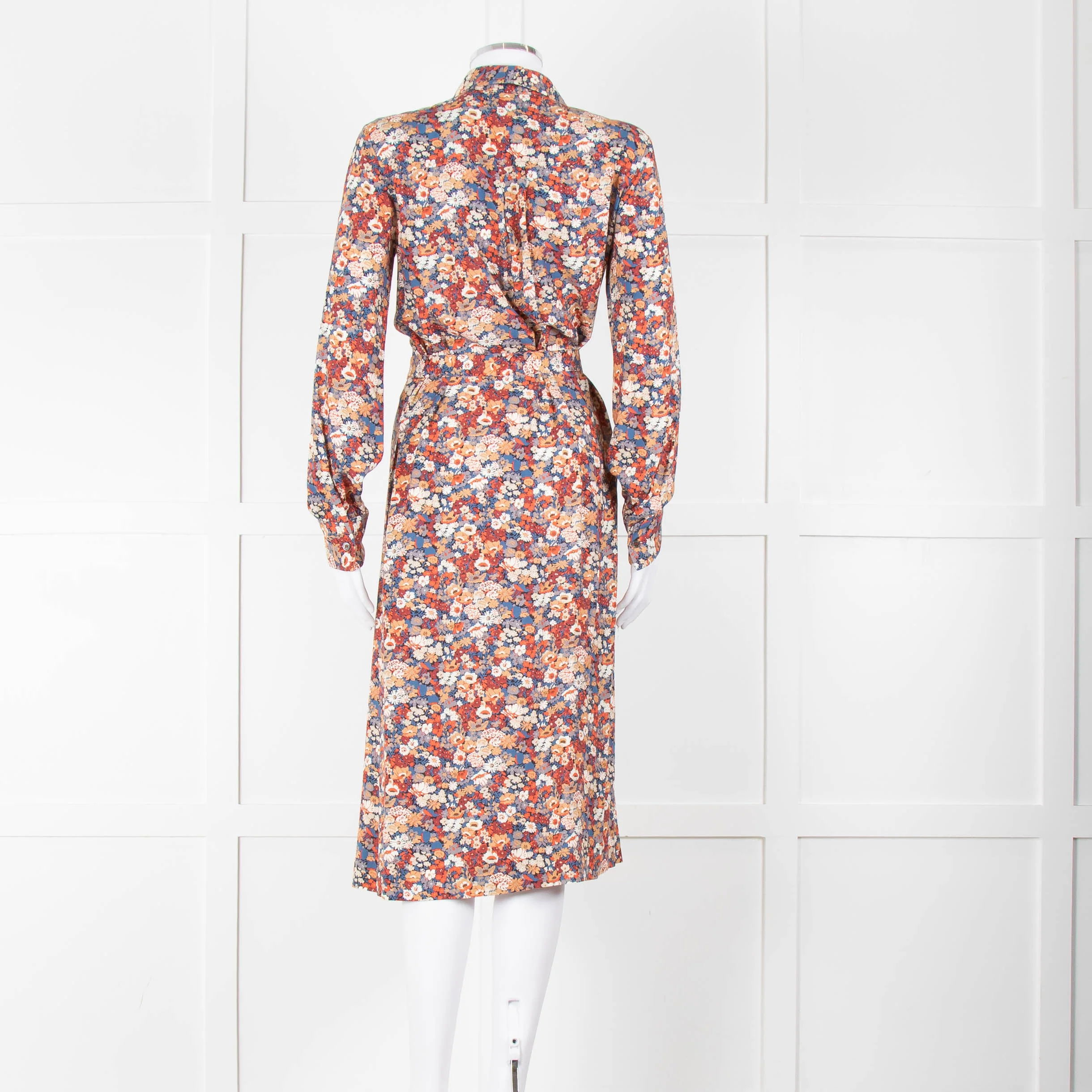 A.P.C Blue Orange Floral Button Up Belted Long Dress - Image 5