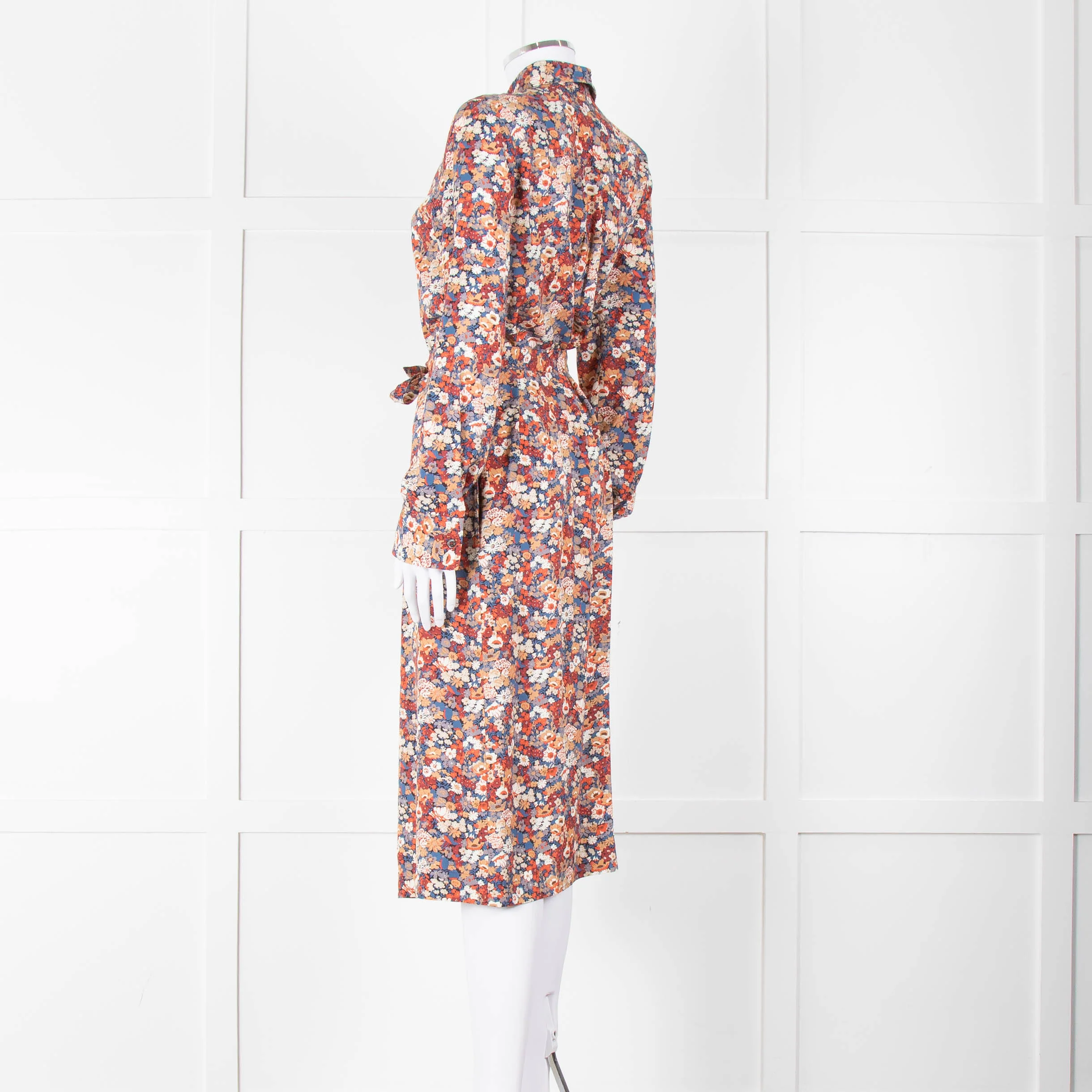 A.P.C Blue Orange Floral Button Up Belted Long Dress - Image 6