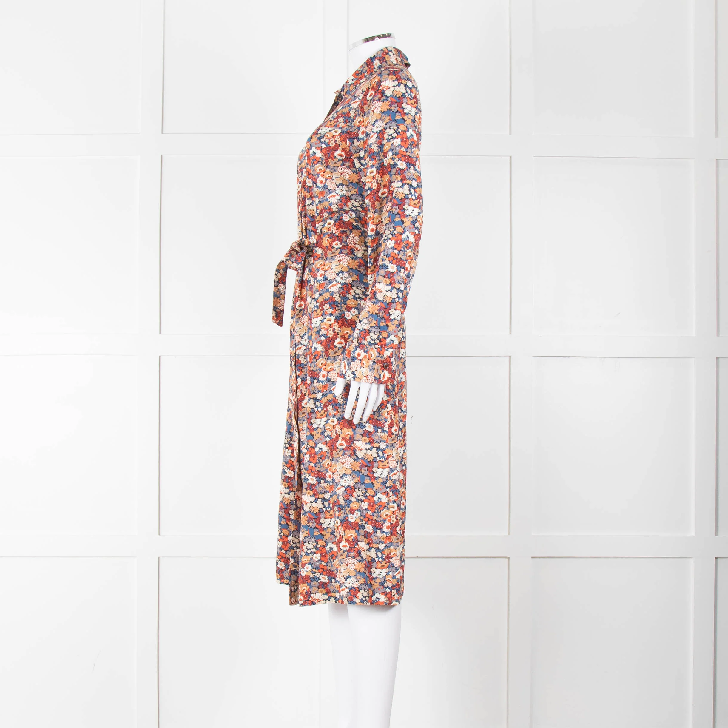 A.P.C Blue Orange Floral Button Up Belted Long Dress - Image 7