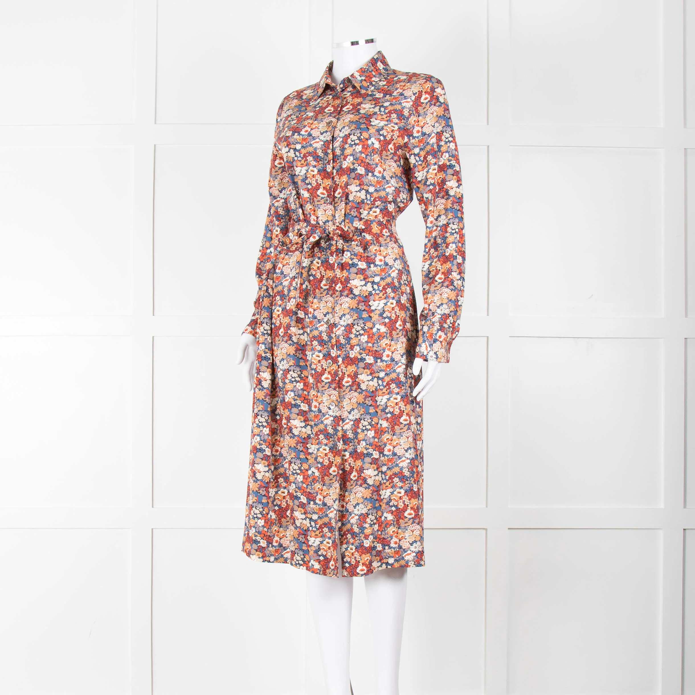 A.P.C Blue Orange Floral Button Up Belted Long Dress - Image 8