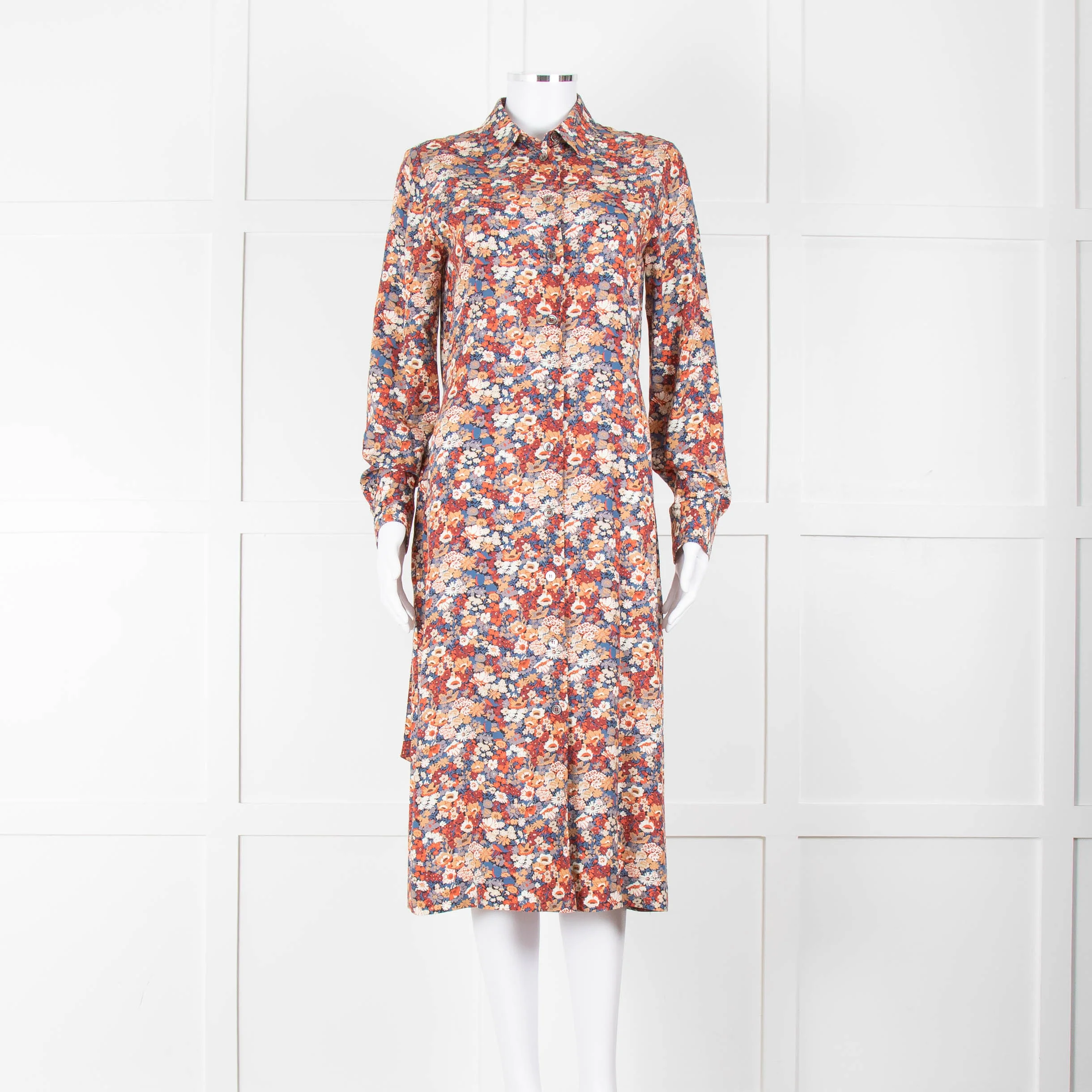 A.P.C Blue Orange Floral Button Up Belted Long Dress - Image 9