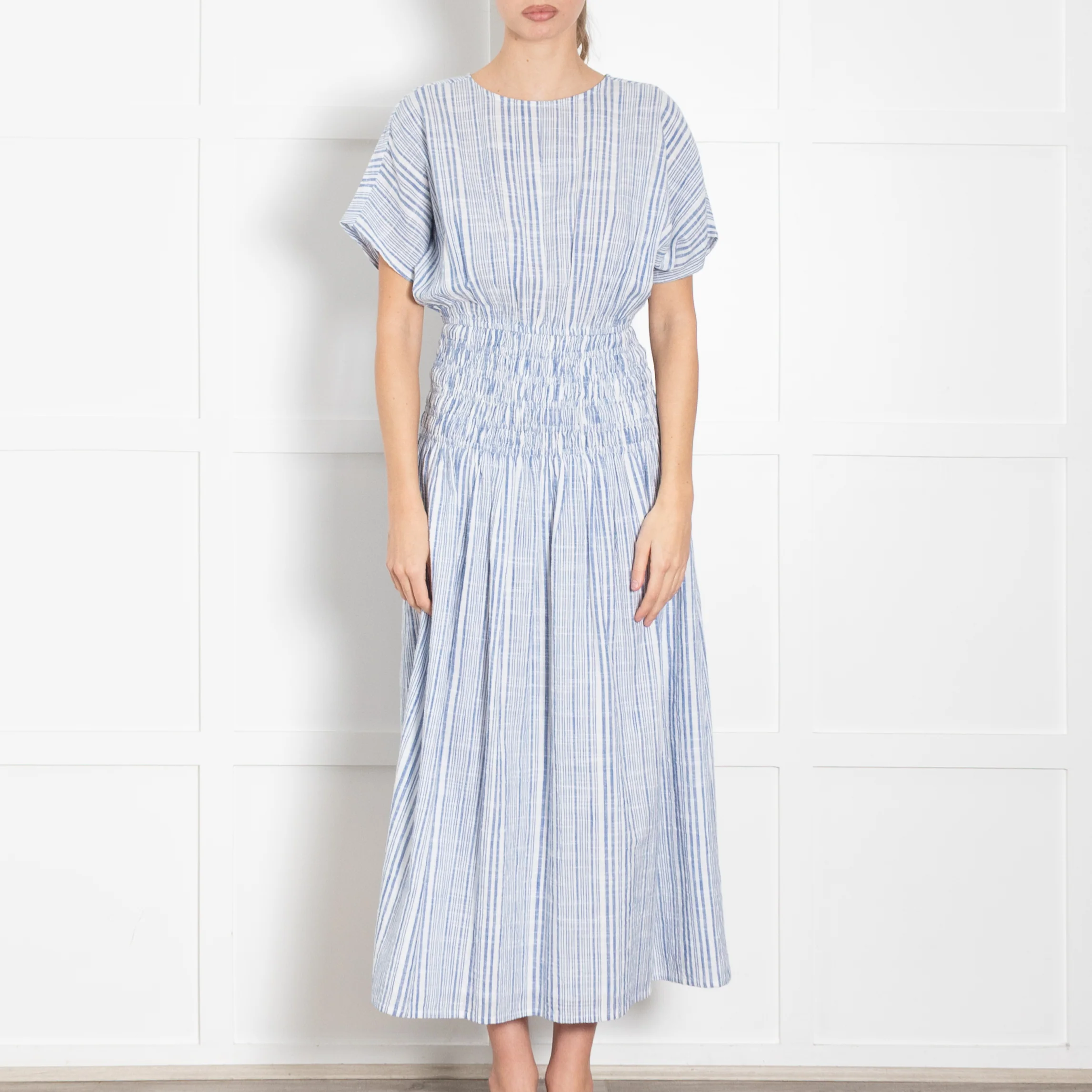 Apiece Apart Blue and White Cotton Mana Gathered Waist Midi Dress - Image 2