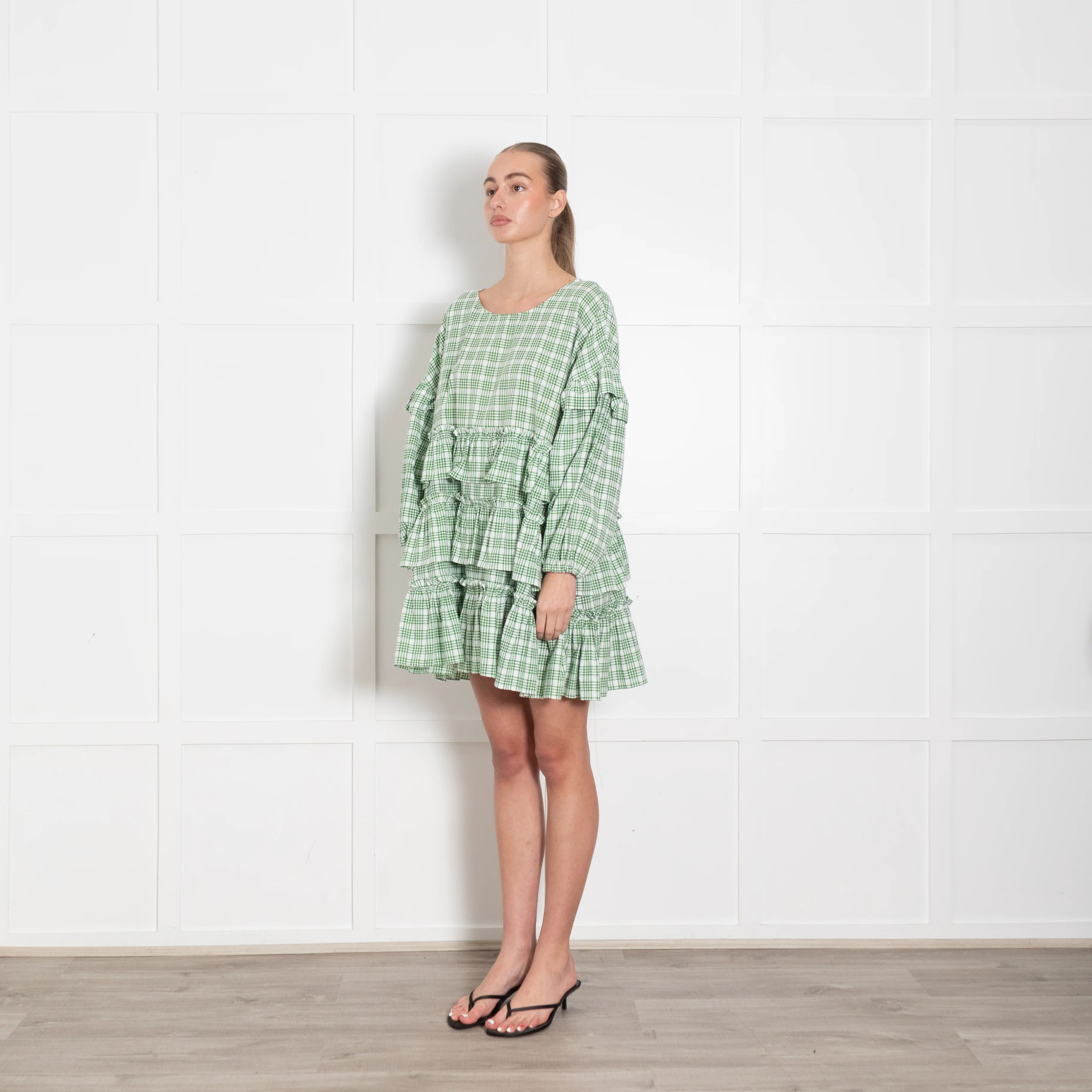 APT apartment clothing Green & White Check Tiered Short Dress - Image 3