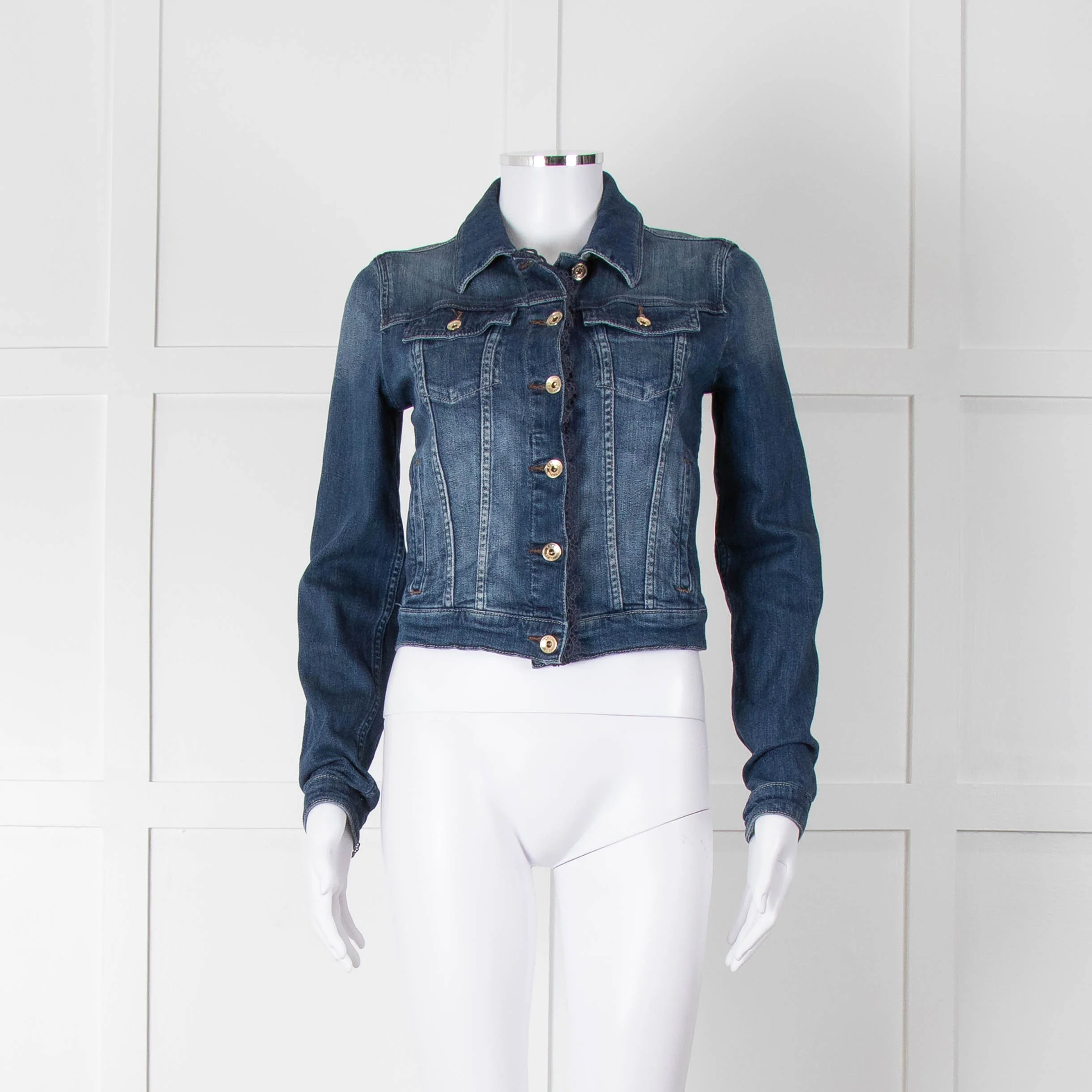 Armani Jeans Blue Stretch Denim Jacket with Lace Trim - Image 2
