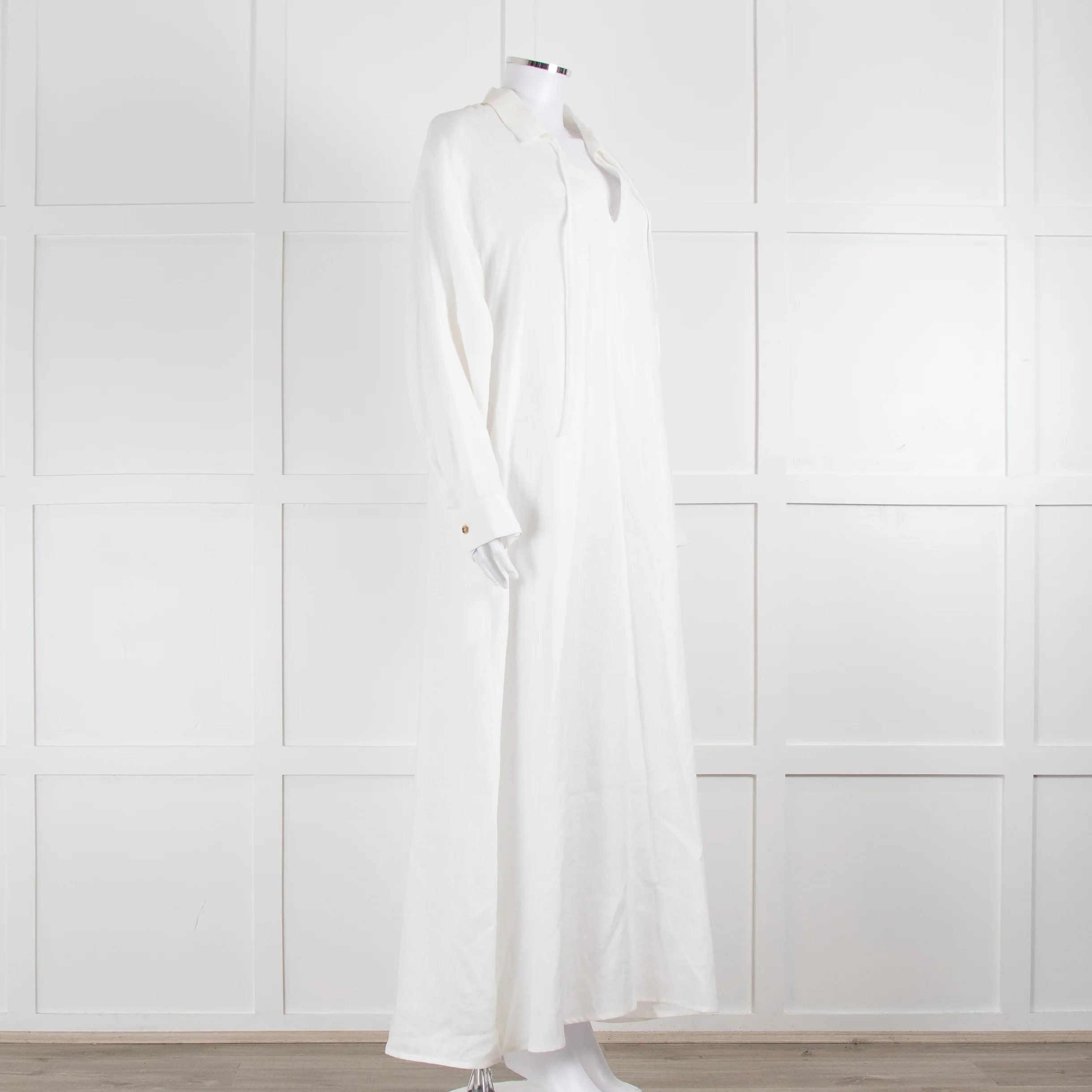 Asceno Cream Linen Tie Neck Maxi Cover Up Dress - Image 2