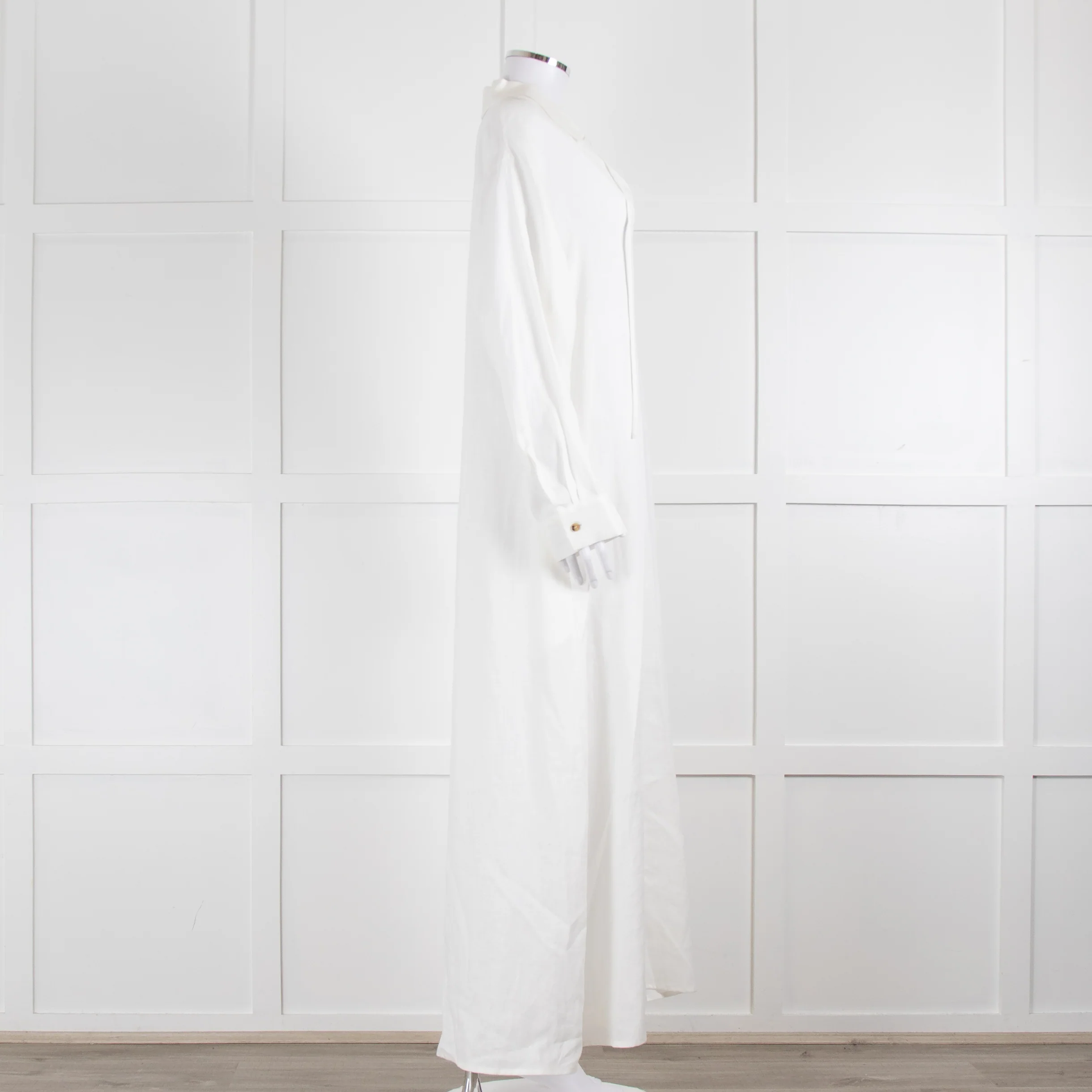 Asceno Cream Linen Tie Neck Maxi Cover Up Dress - Image 3