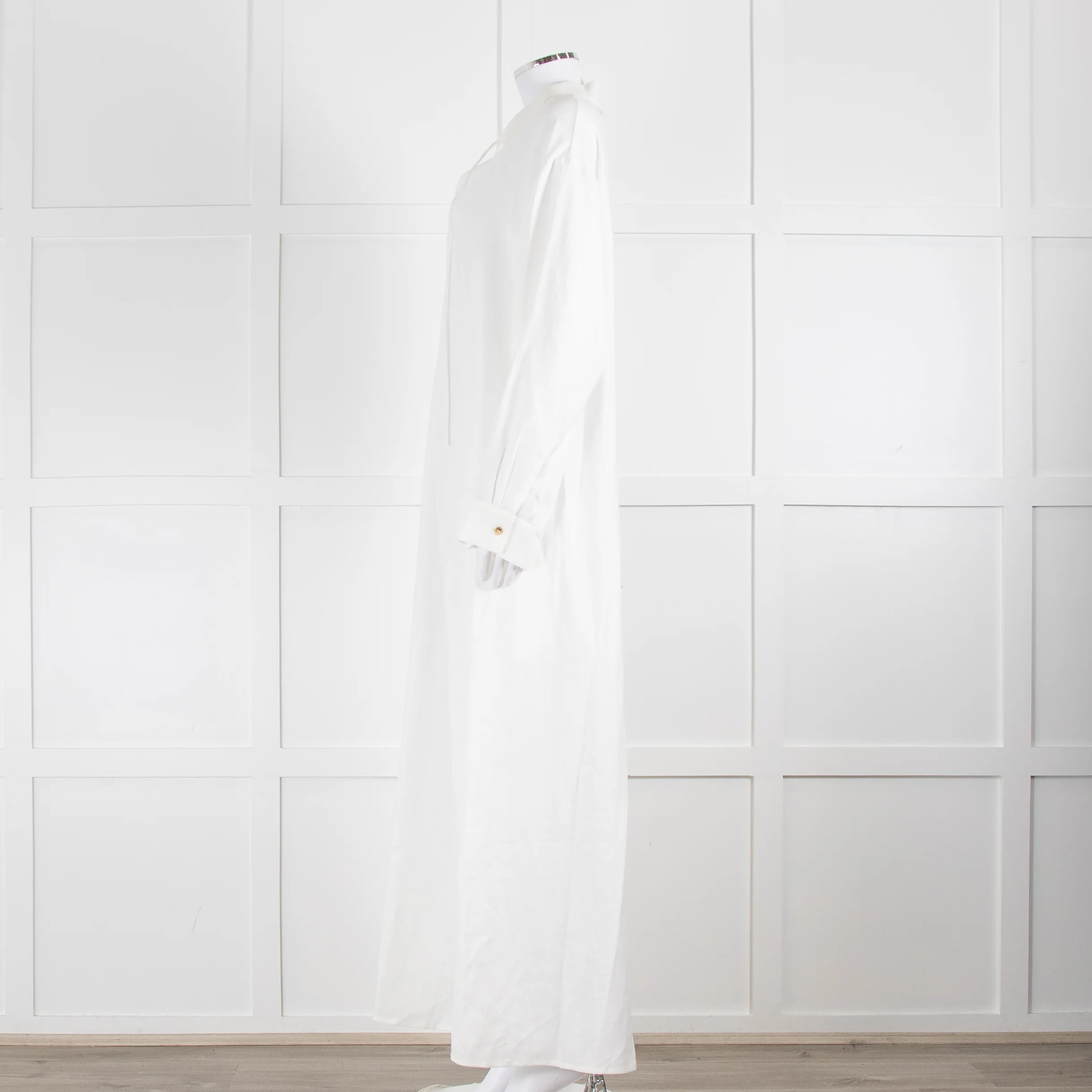 Asceno Cream Linen Tie Neck Maxi Cover Up Dress - Image 7