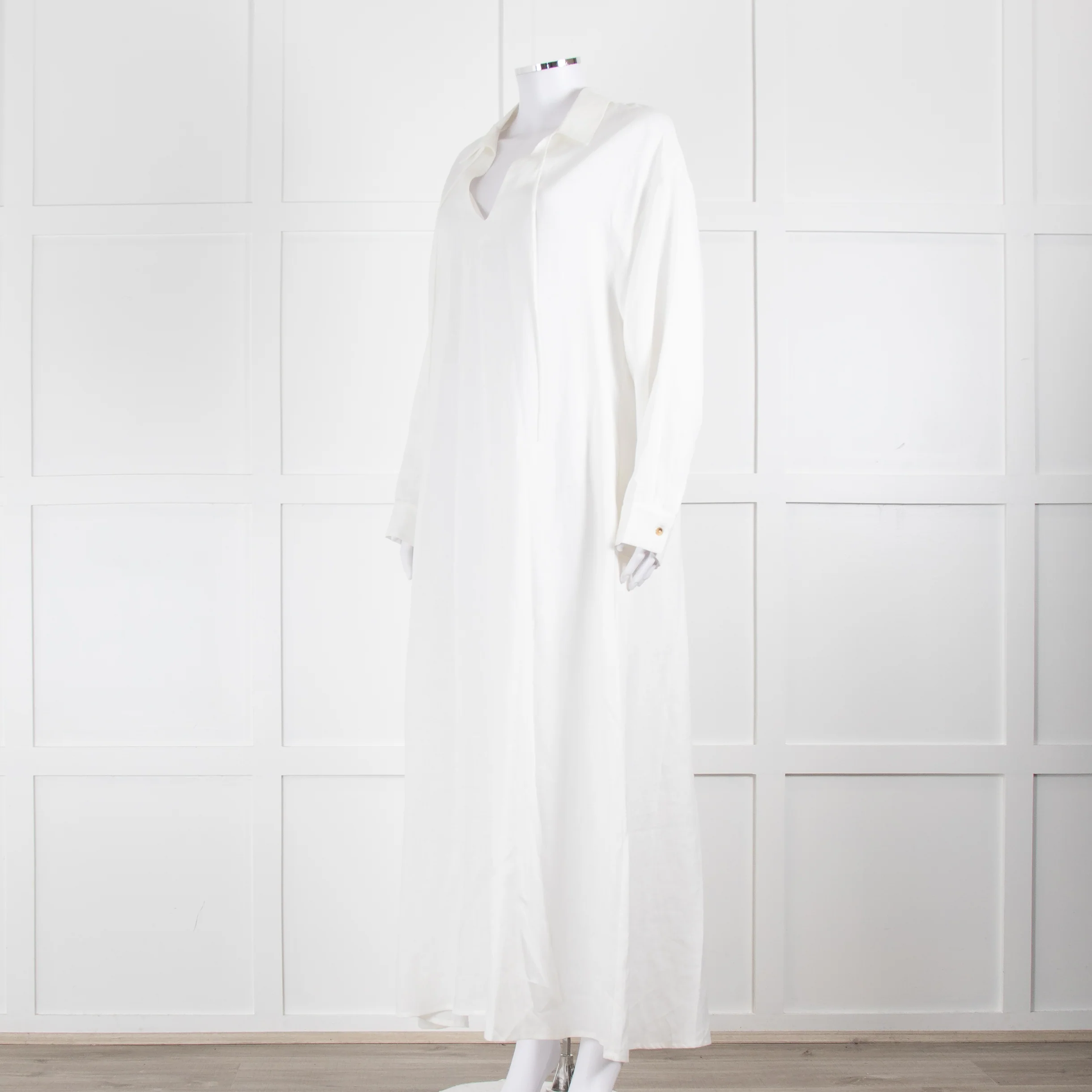 Asceno Cream Linen Tie Neck Maxi Cover Up Dress - Image 8