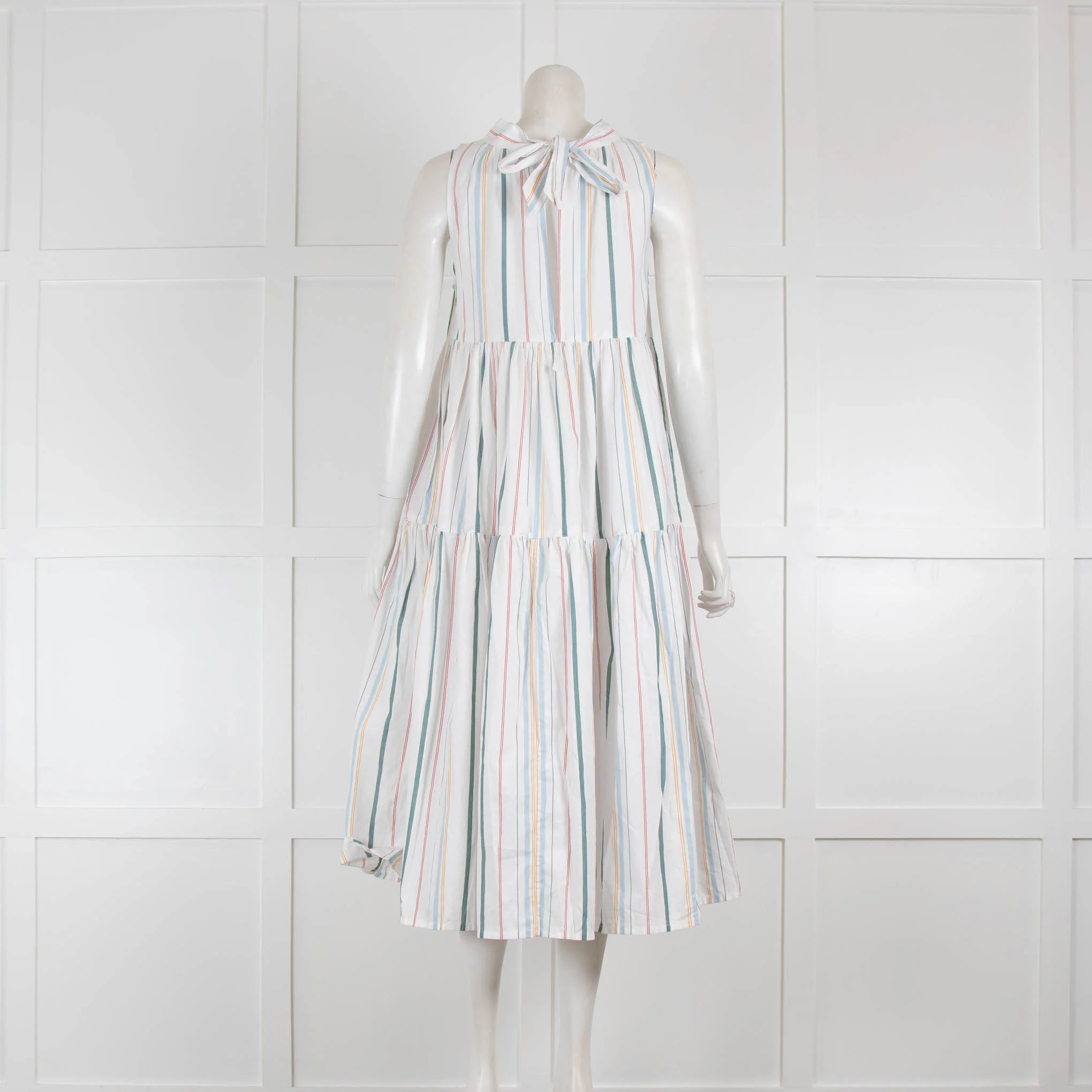 ASCENO Striped Cotton High Neck Tie Back Dress - Image 3