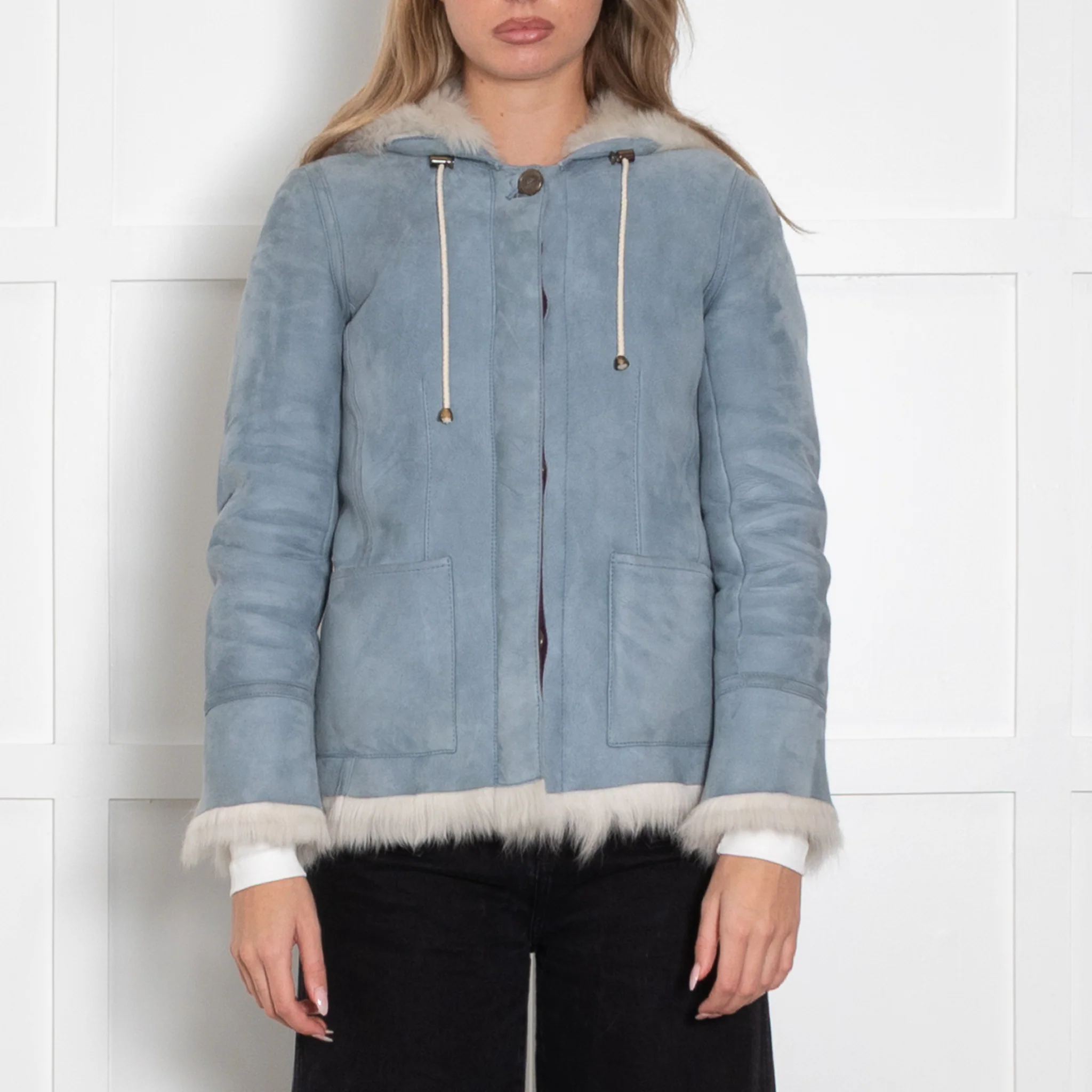 Asprey Pale Blue White Shearling Hooded Jacket - Image 2