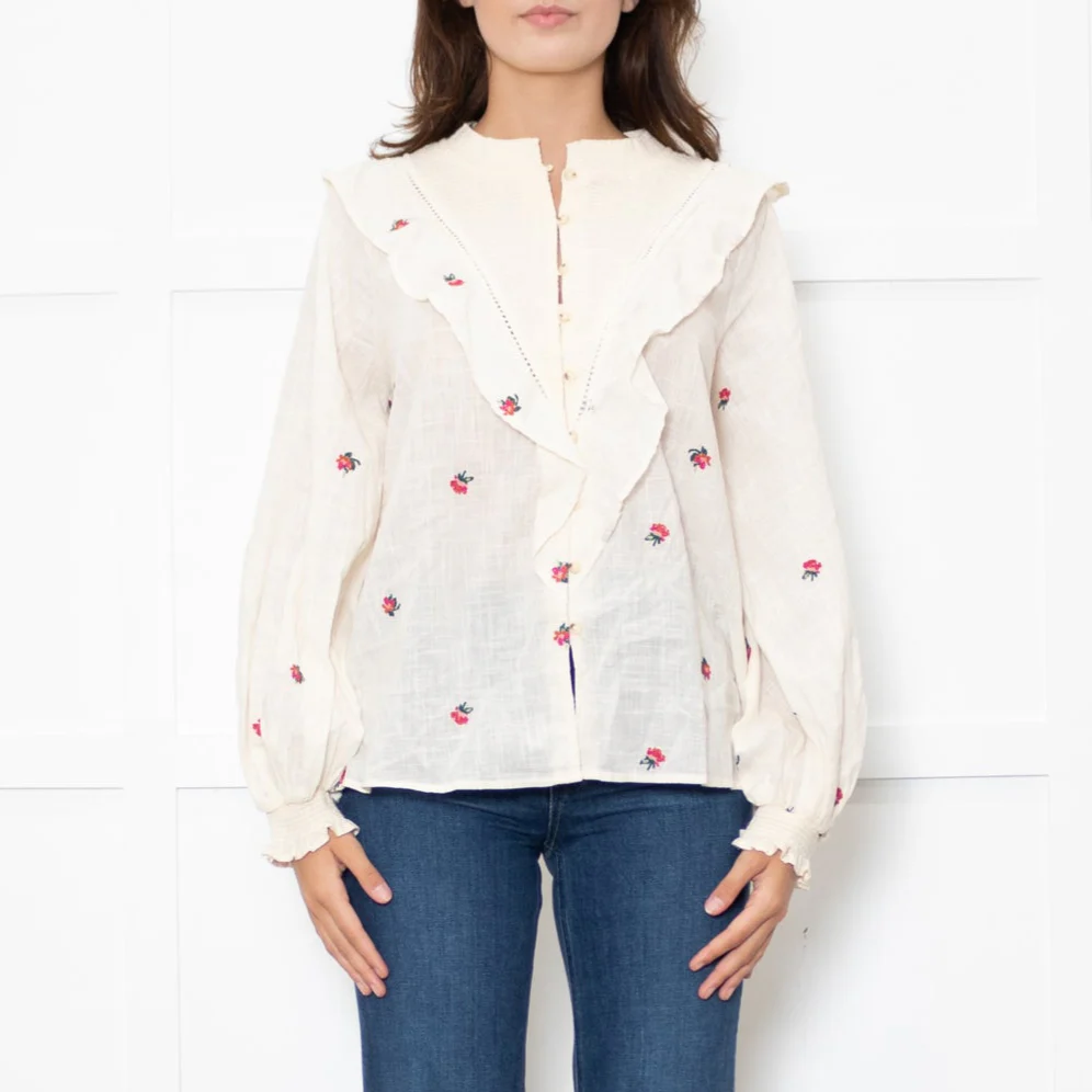 Atelier Reve Cream Olivia Shirt With Red Floral Embroidery - Image 2