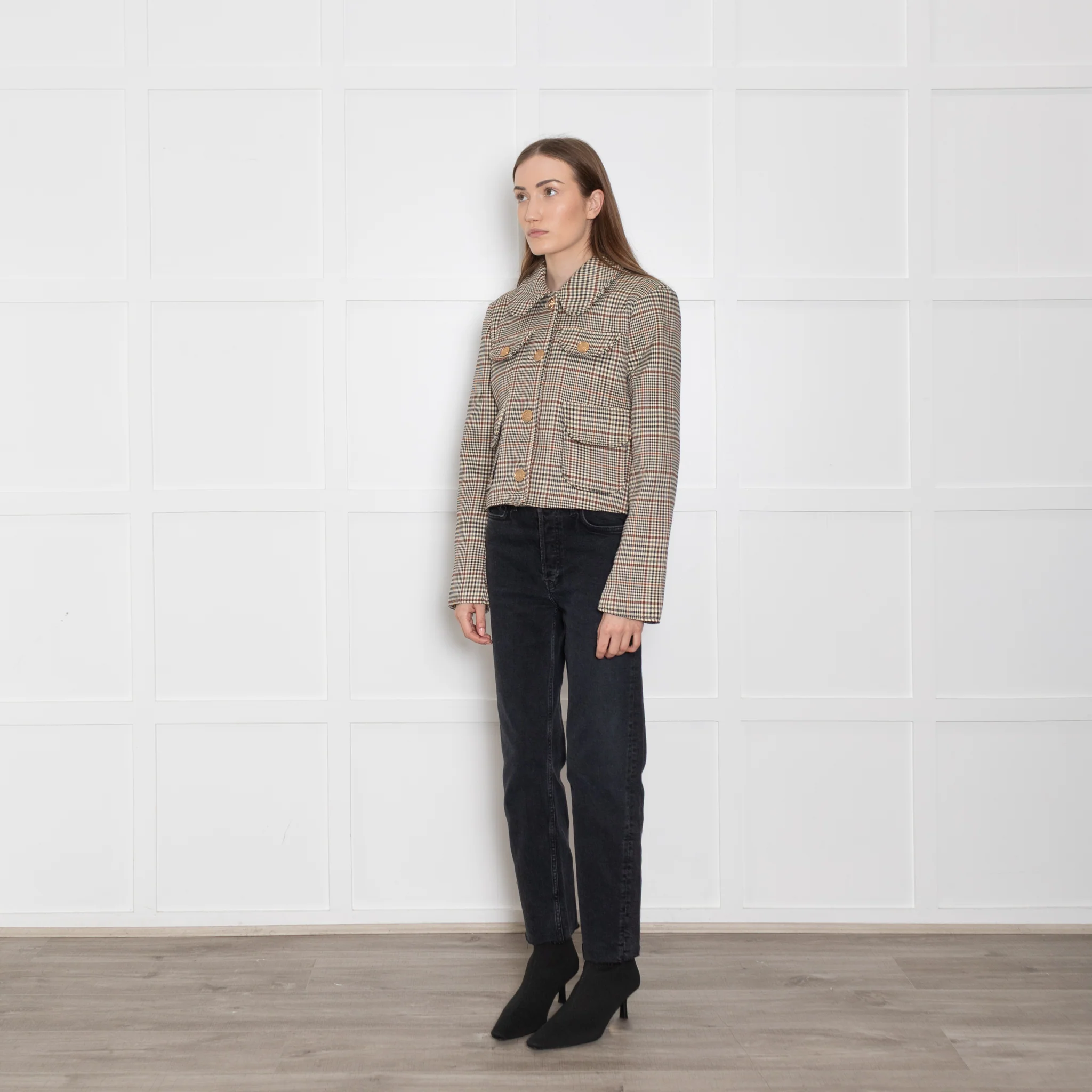 Avec Les Filles Brown/Black/Cream Checked Short Jacket - Image 3