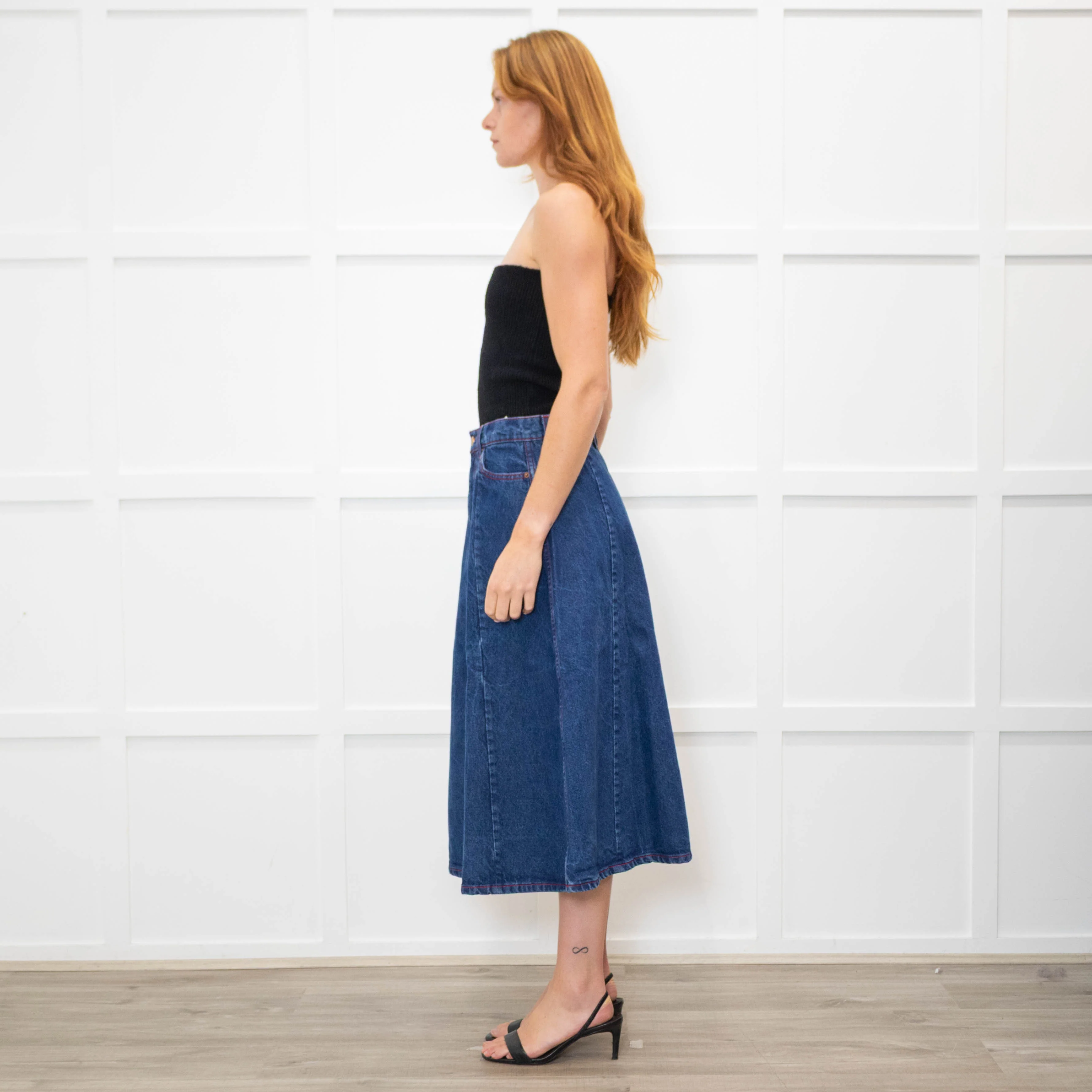 B Sides Dark Denim Midi Skirt with Red Stitching - Image 4