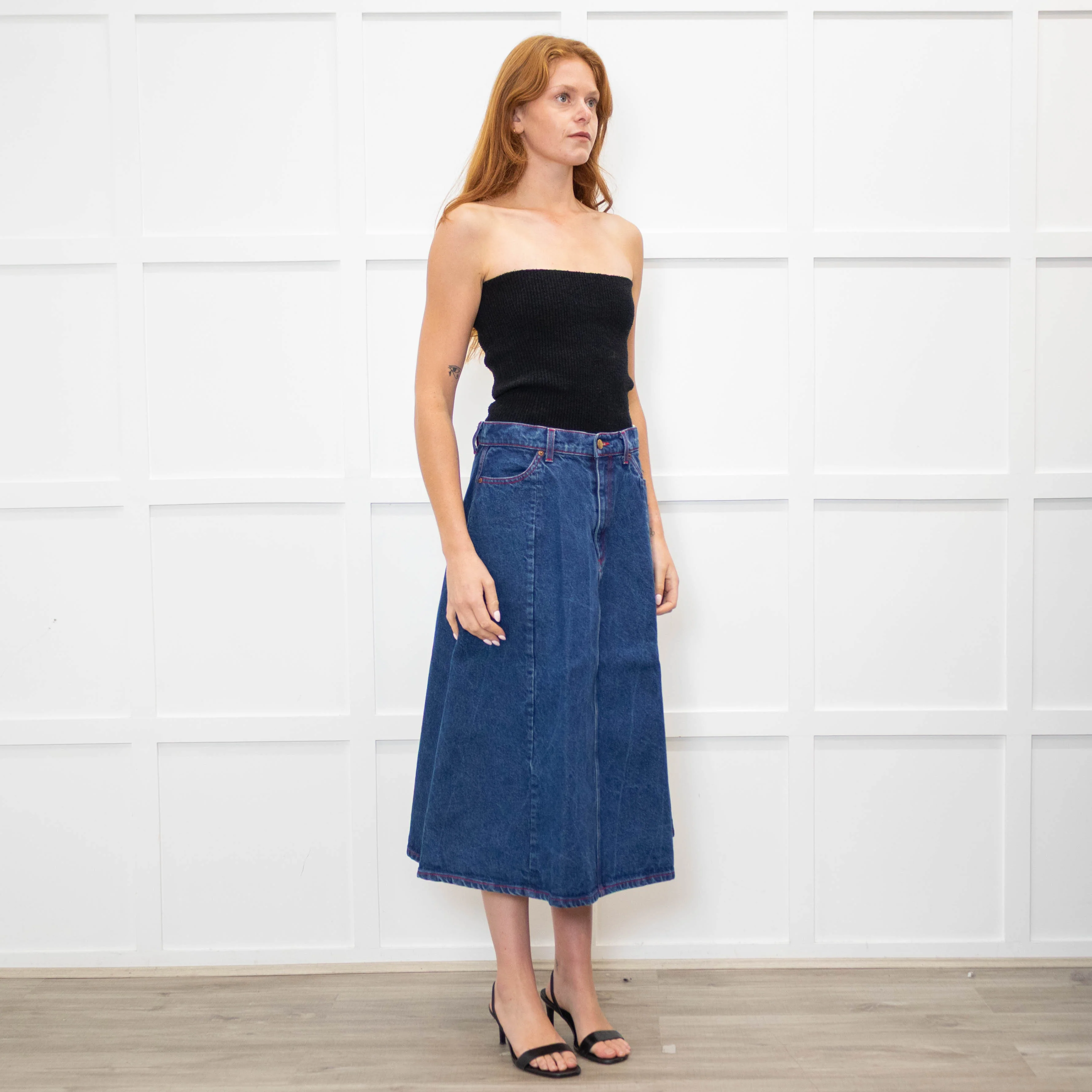 B Sides Dark Denim Midi Skirt with Red Stitching - Image 7
