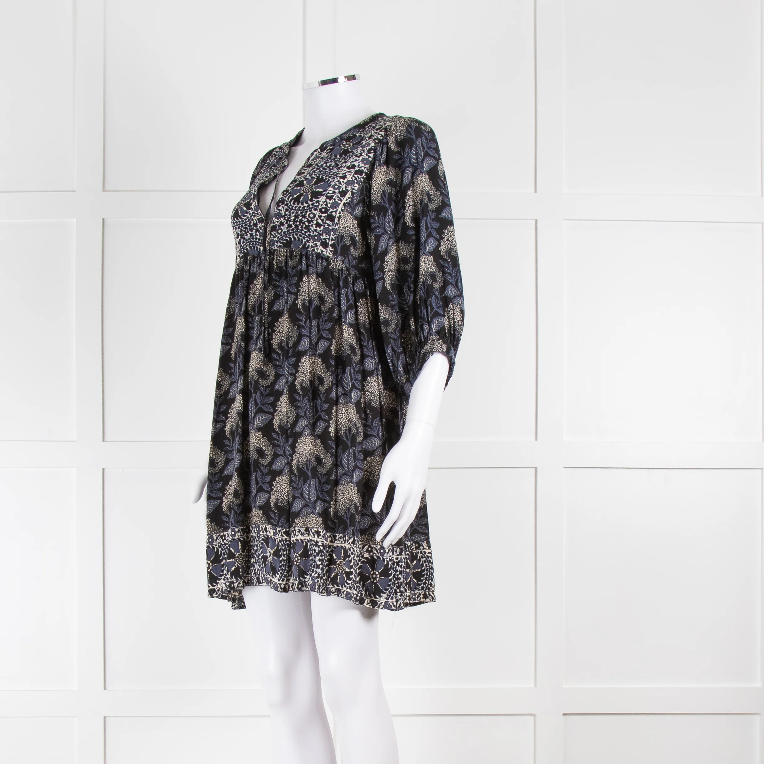 BA&SH Black Blue White Floral Smock Short Dress - Image 8