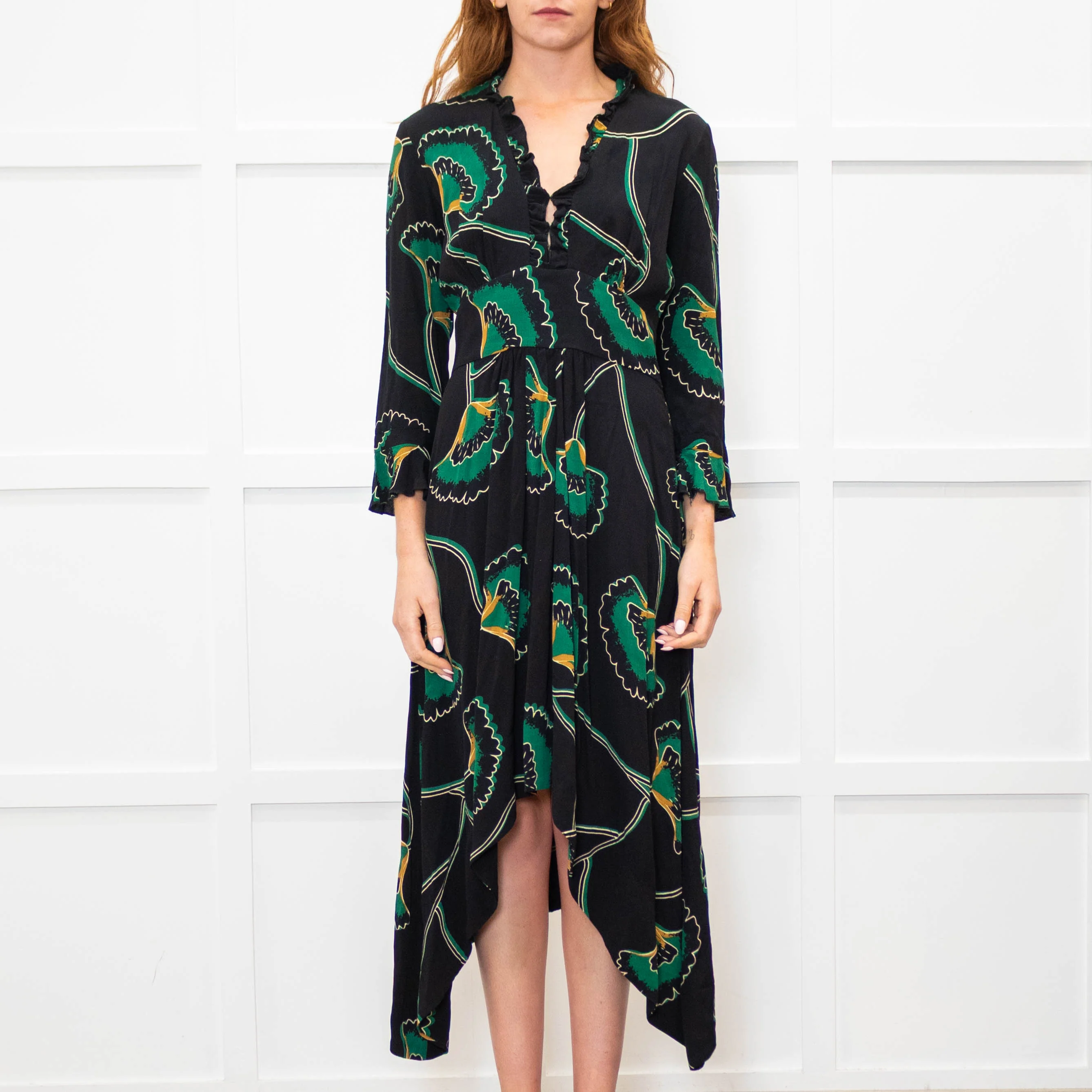 Ba&sh Black Green Frill Trim Midi Dress - Image 2