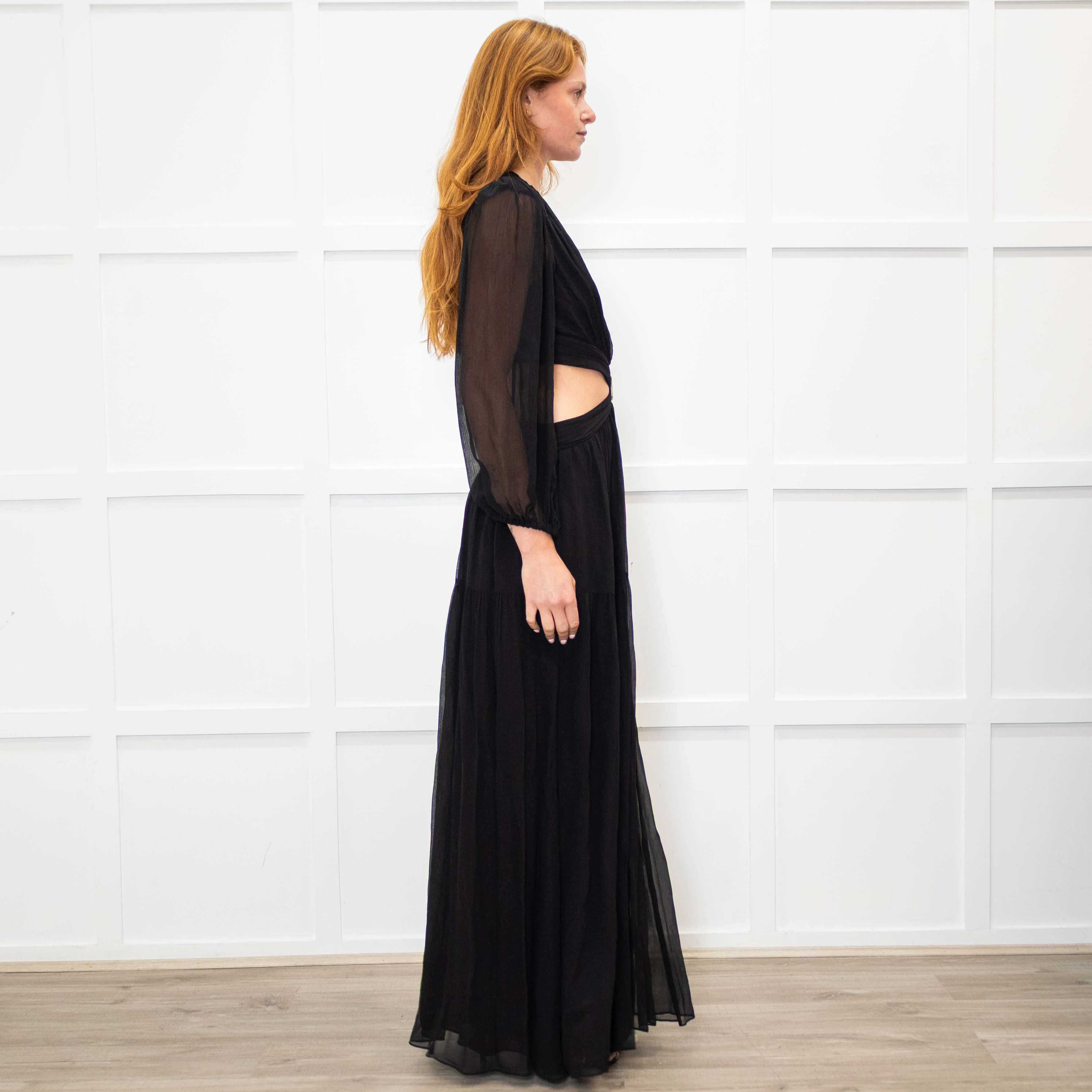 Ba&sh Black Tiered Cut Out Crystal Buckle Long Dress - Image 6