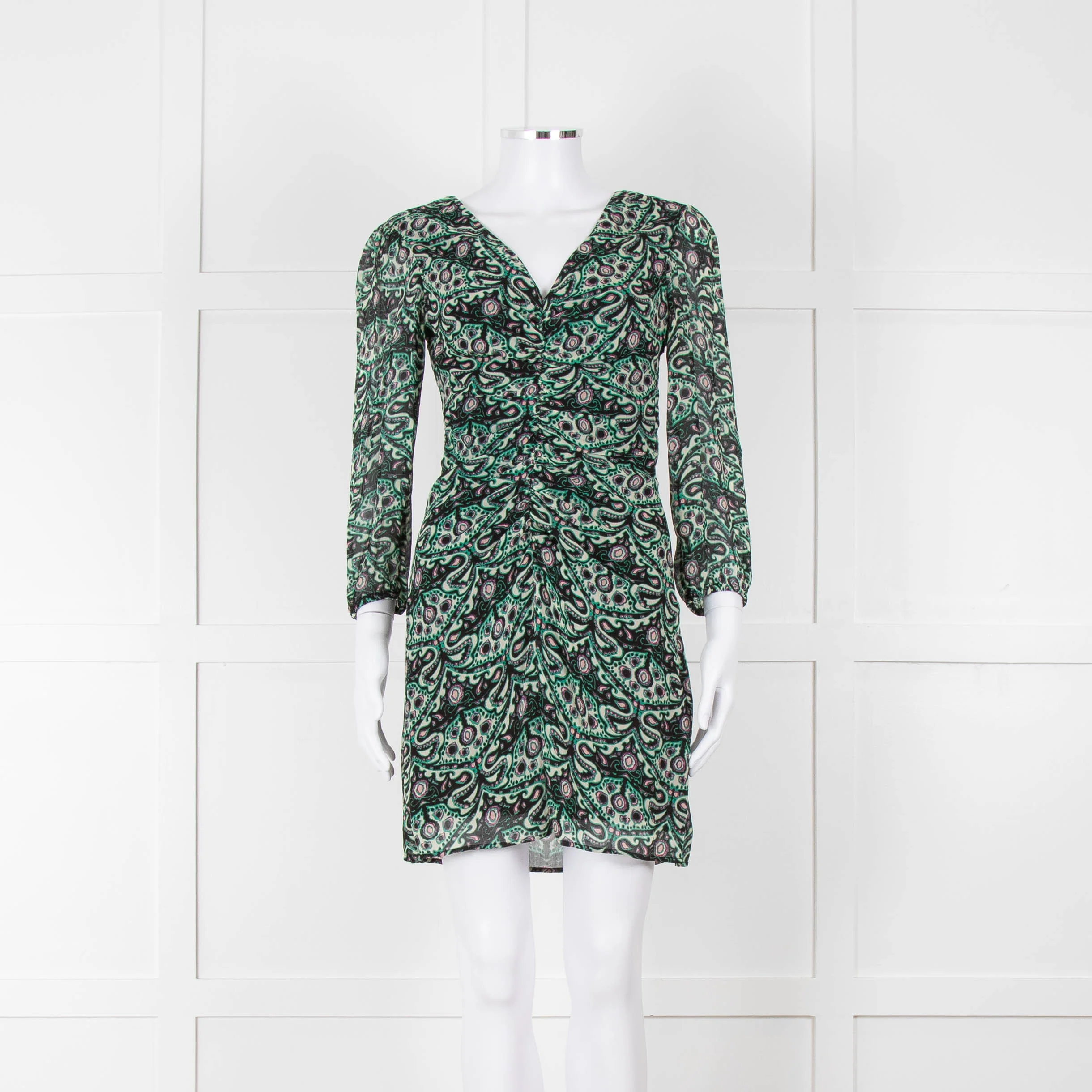 Ba&sh Cream Green Paisley Ruched Front Mini Dress
