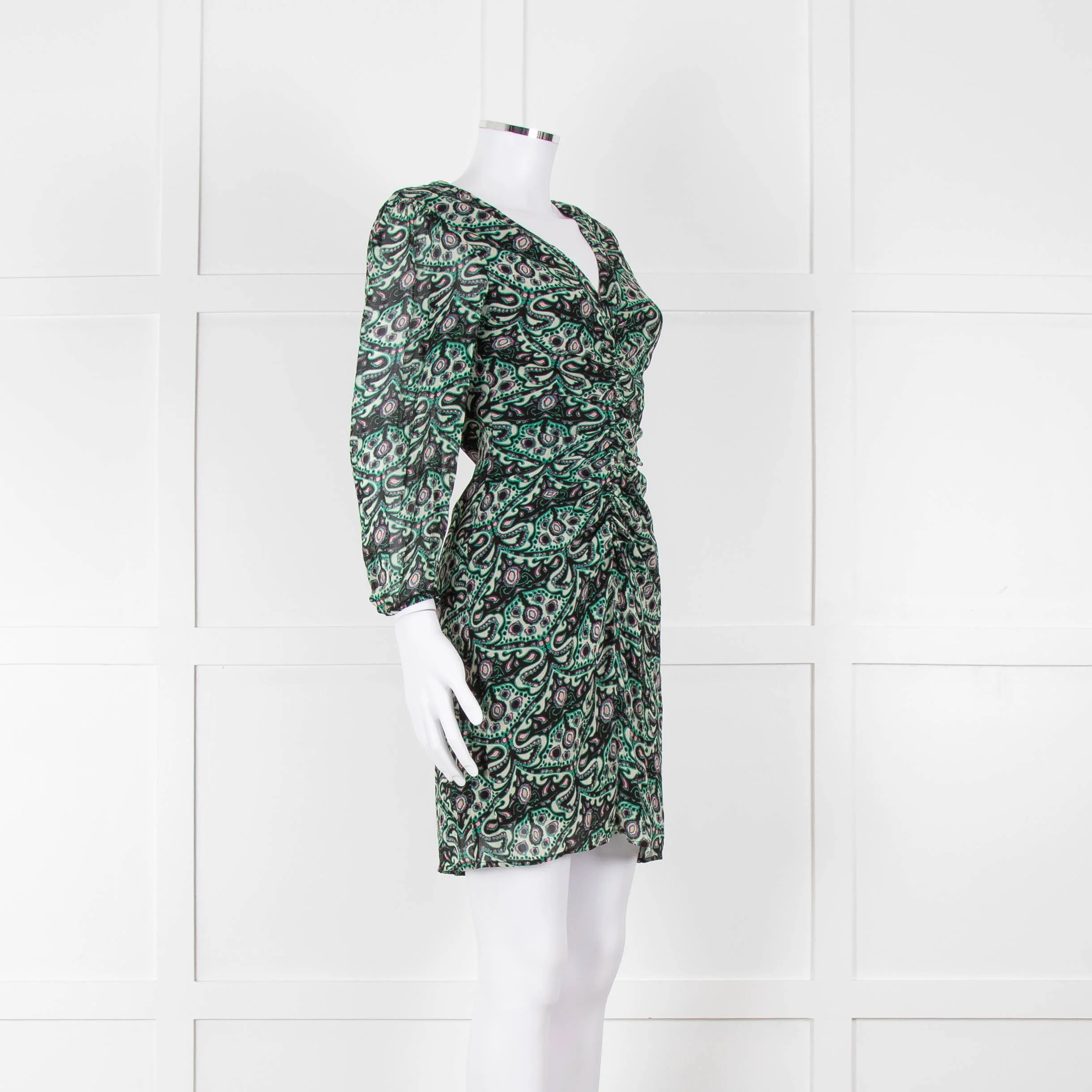 Ba&sh Cream Green Paisley Ruched Front Mini Dress - Image 2
