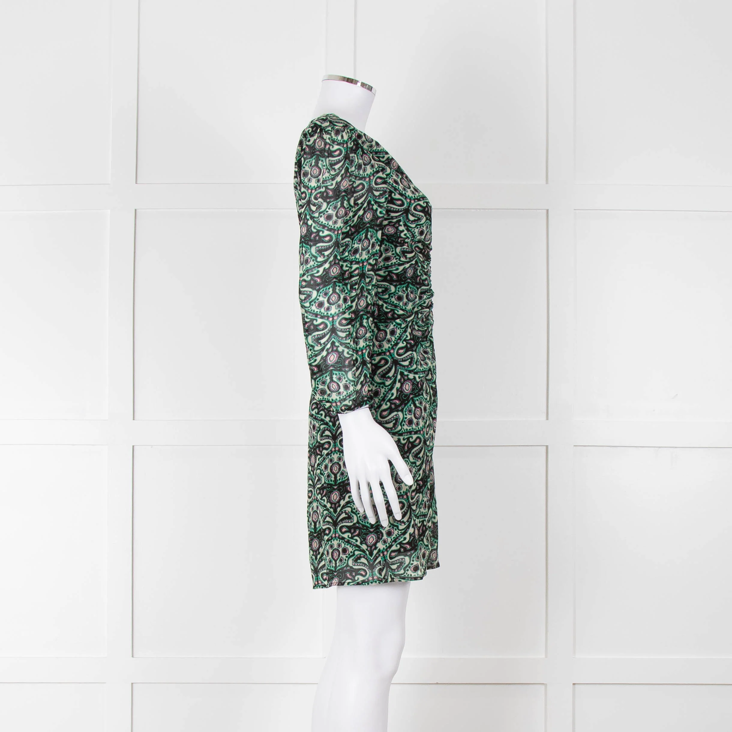 Ba&sh Cream Green Paisley Ruched Front Mini Dress - Image 3