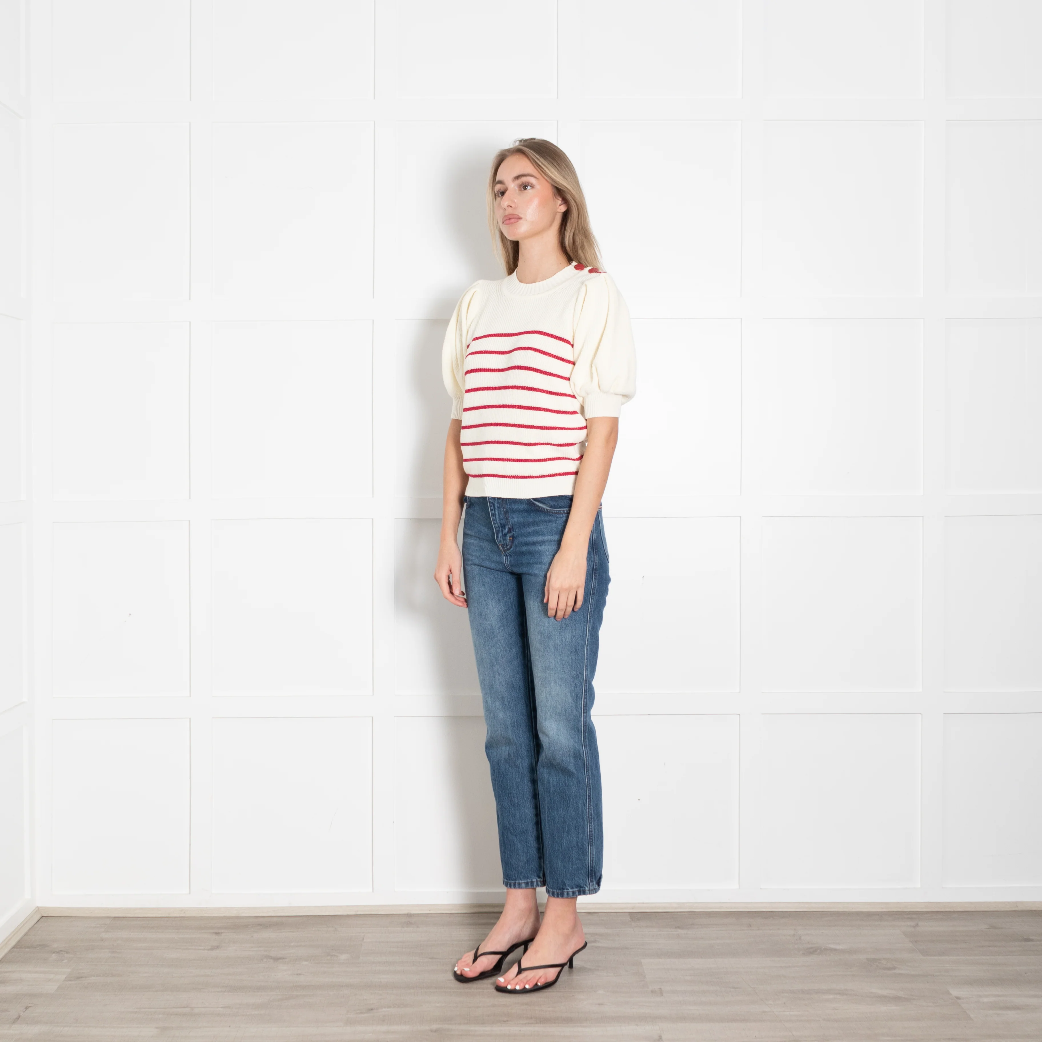 Ba & Sh Cream Red Lurex Striped Short Sleeve Sweater - Image 3