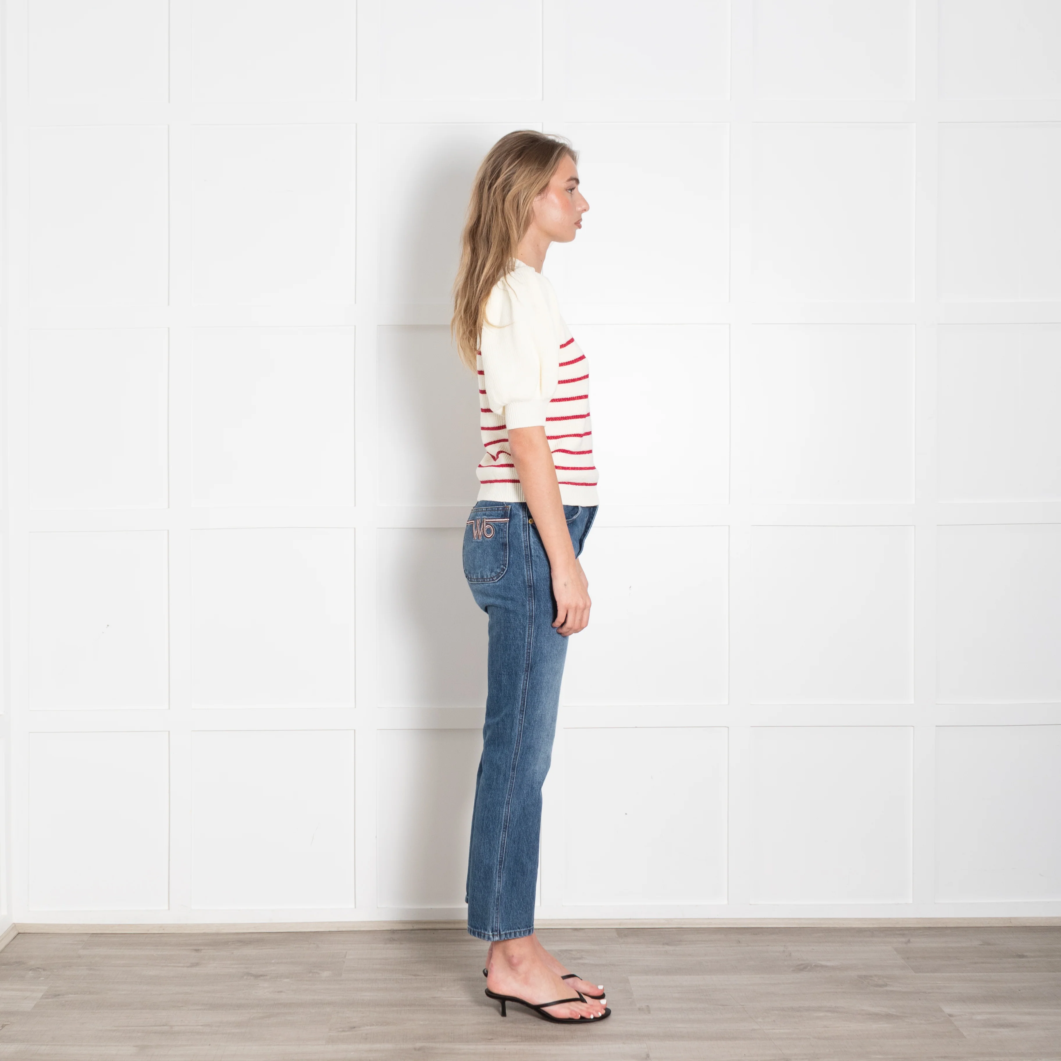 Ba & Sh Cream Red Lurex Striped Short Sleeve Sweater - Image 6