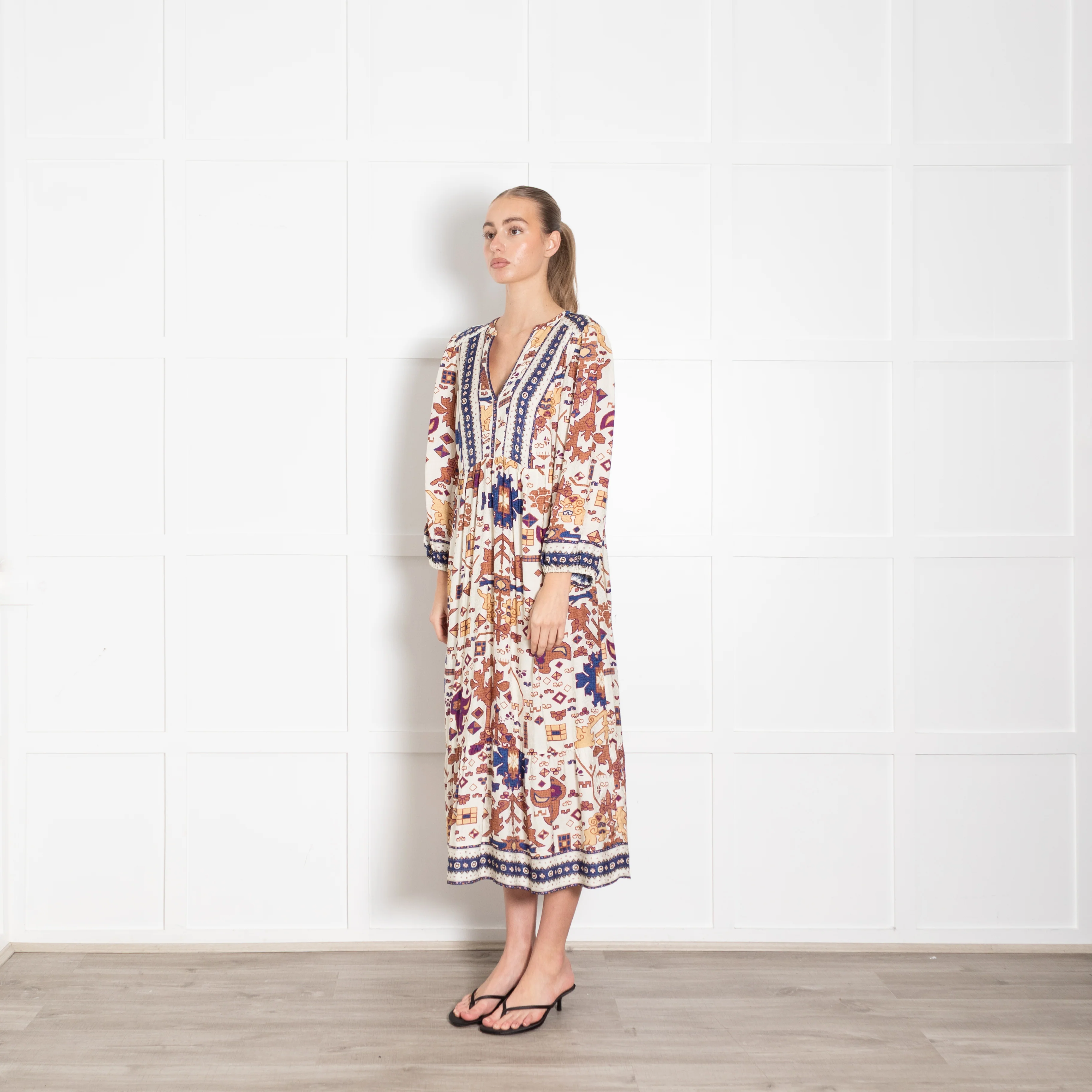 Ba & Sh Cream Tan Purple Aztec Print V-Neck Dress - Image 3
