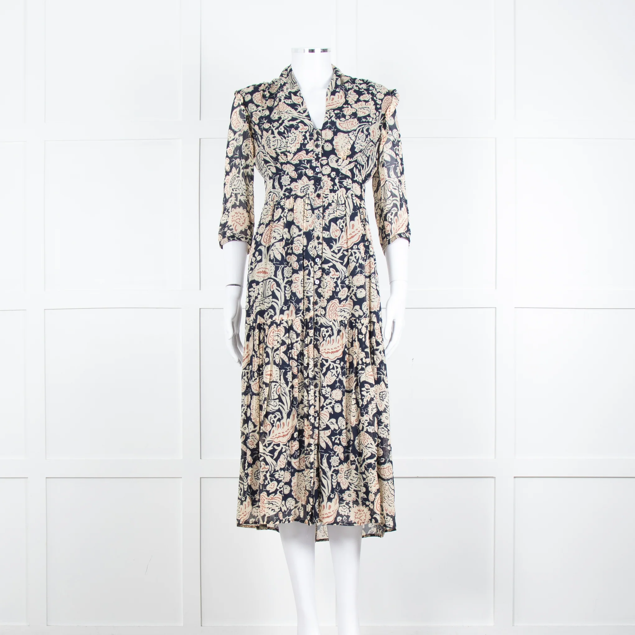 Ba & Sh Navy Blue Beige Short Sleeve Midi Dress