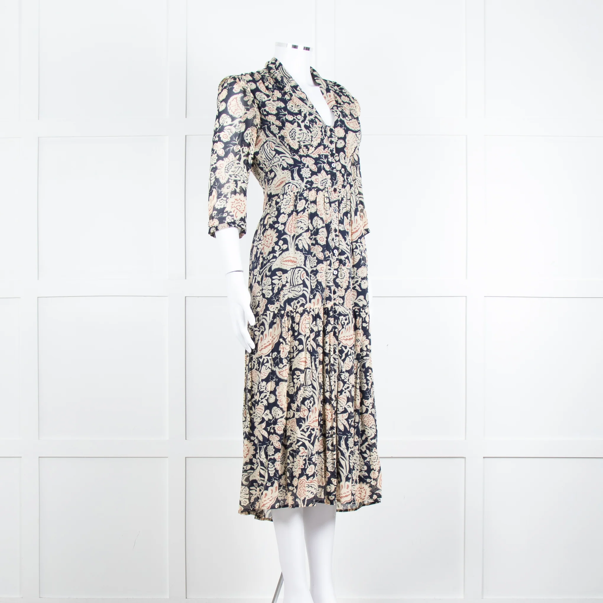 Ba & Sh Navy Blue Beige Short Sleeve Midi Dress - Image 2