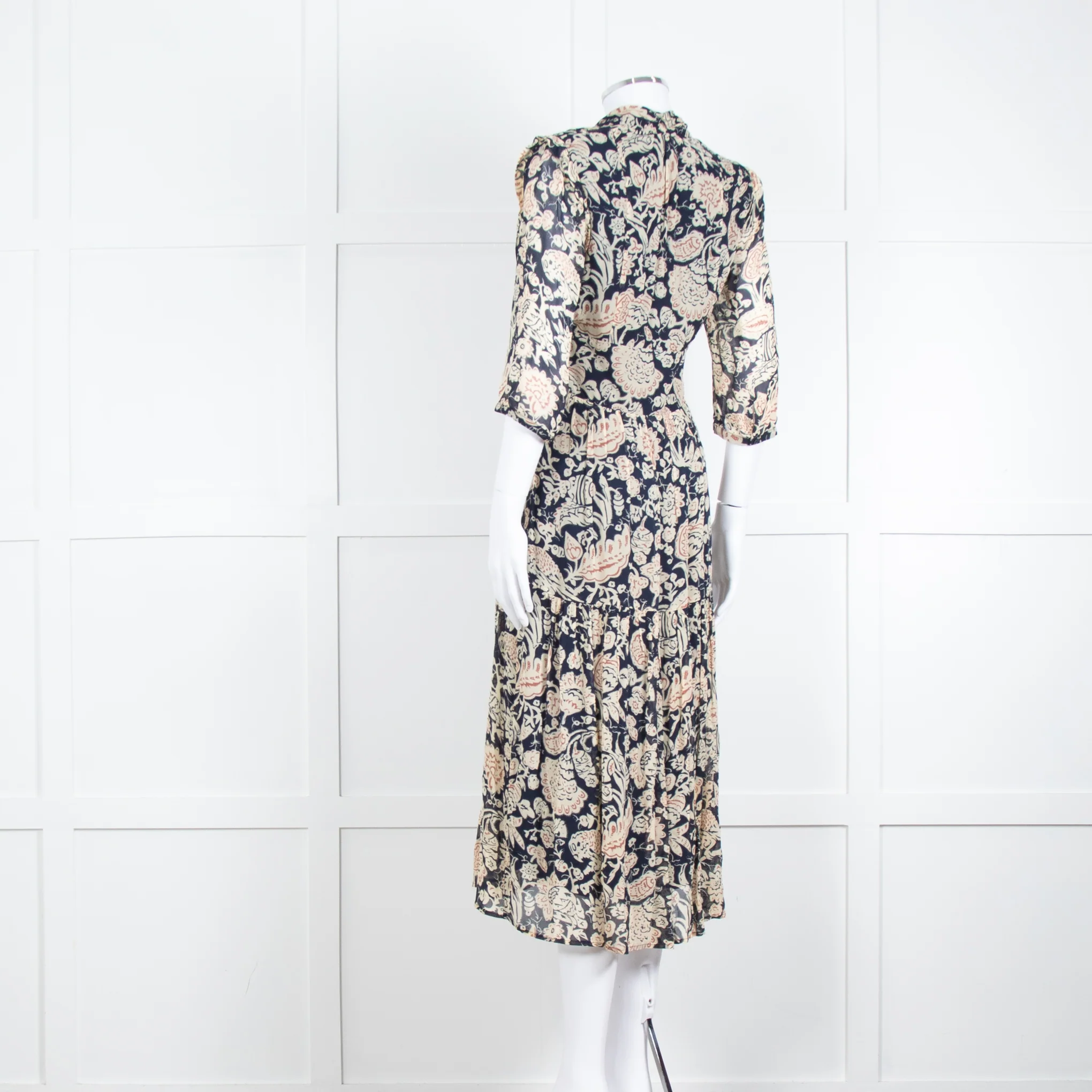 Ba & Sh Navy Blue Beige Short Sleeve Midi Dress - Image 6
