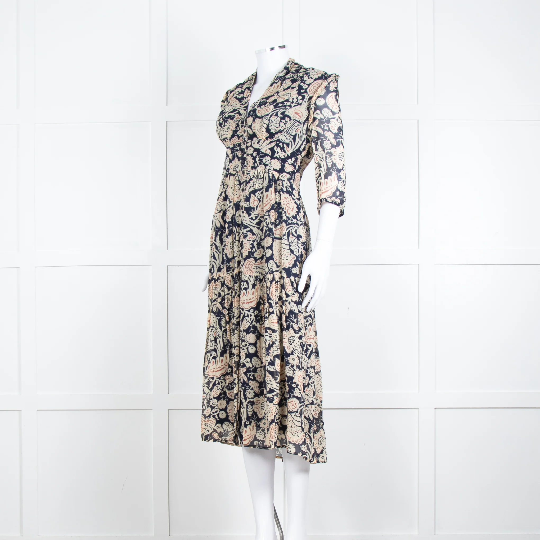 Ba & Sh Navy Blue Beige Short Sleeve Midi Dress - Image 8