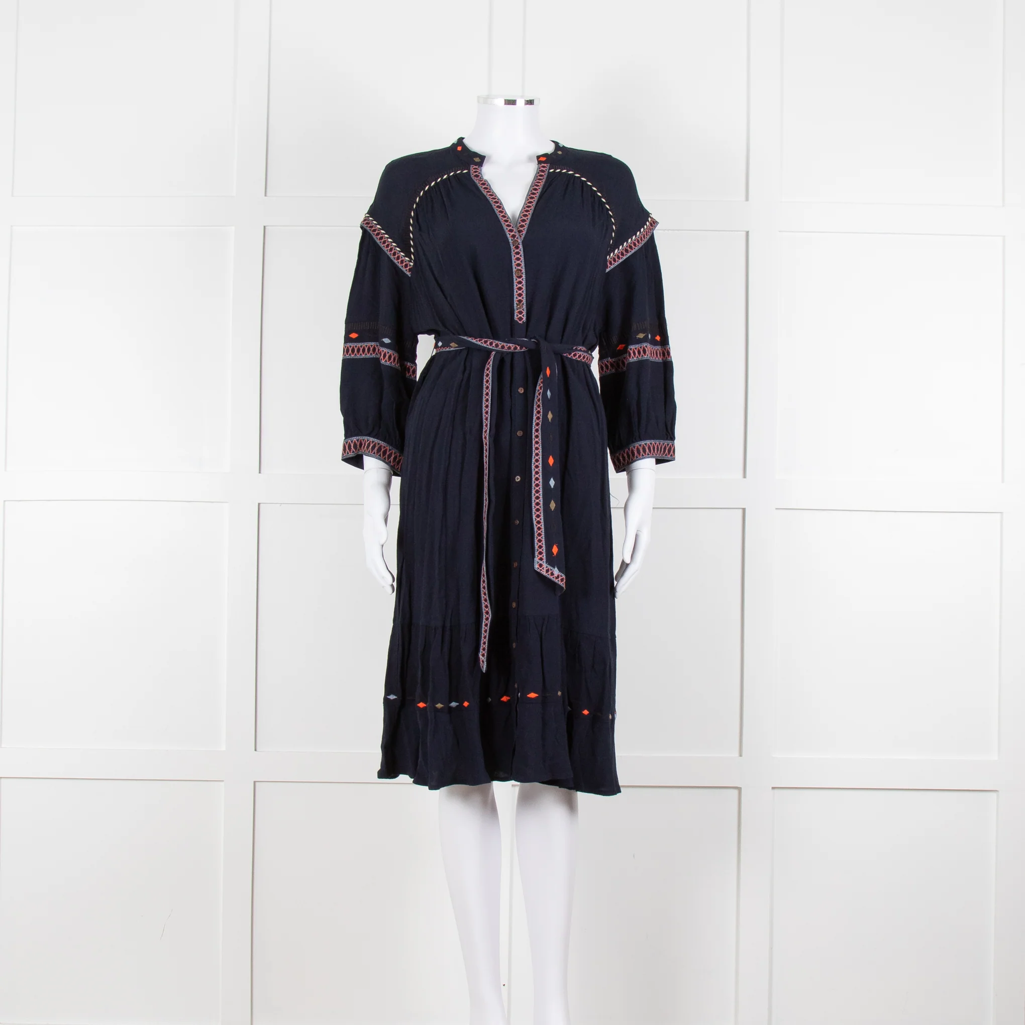 Ba & Sh Navy Blue Orange Embroidered Trim Peasant Belted Dress
