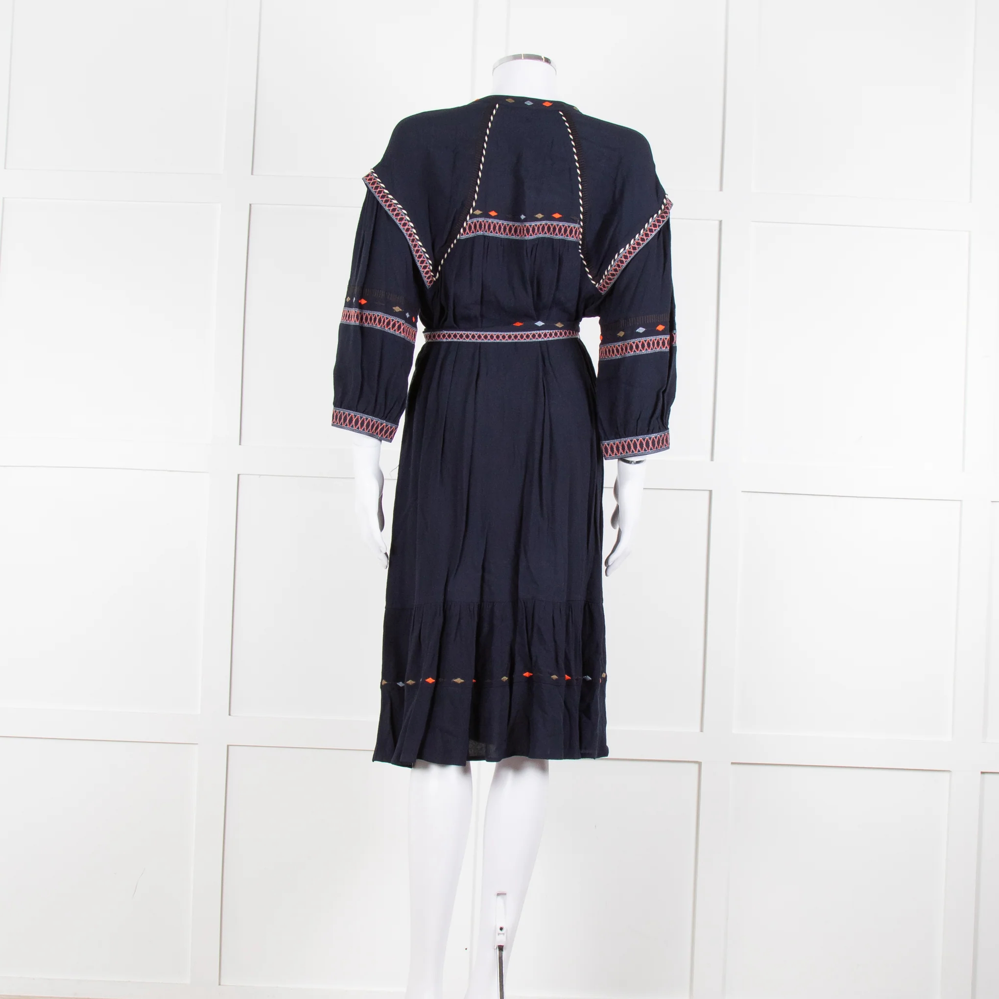 Ba & Sh Navy Blue Orange Embroidered Trim Peasant Belted Dress - Image 6