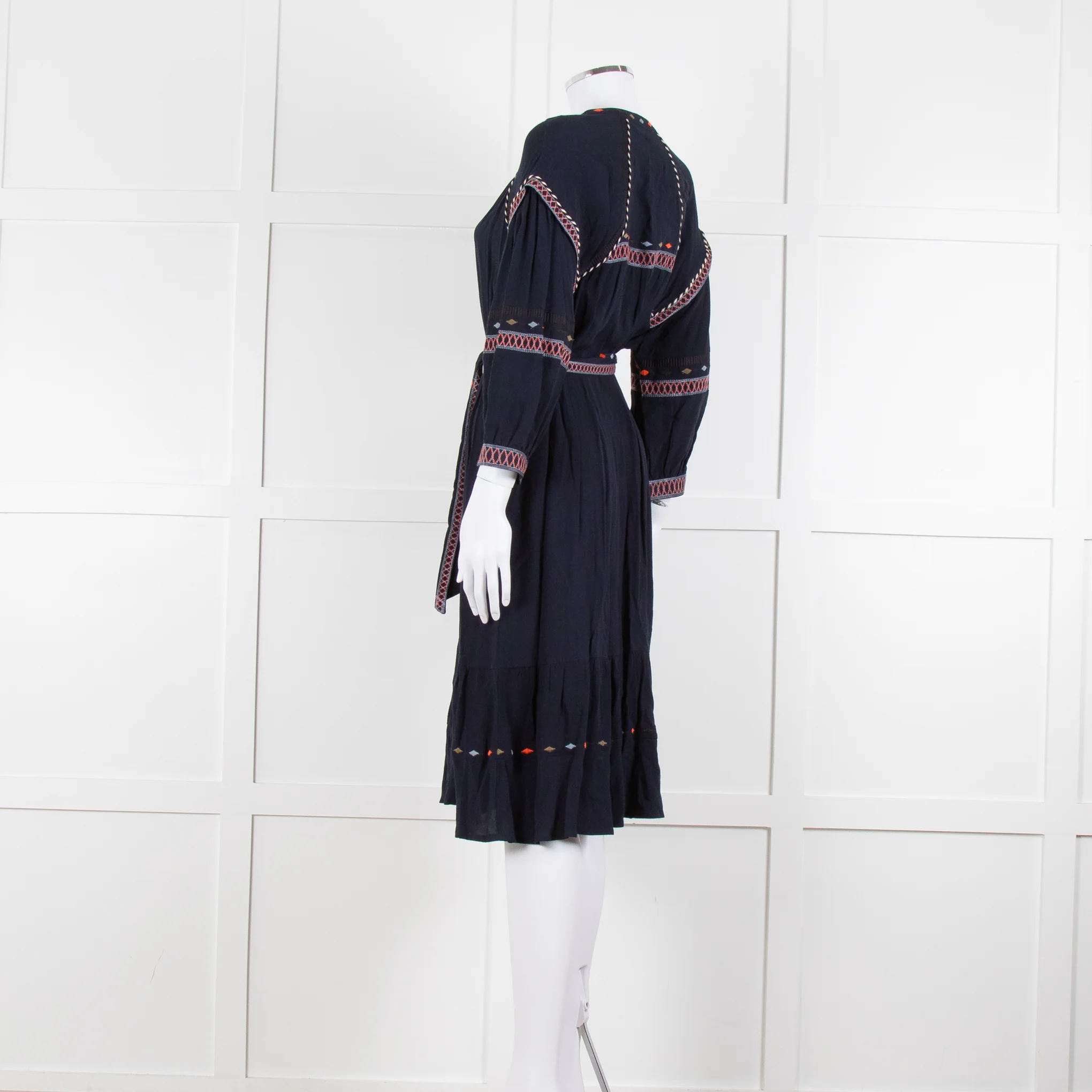 Ba & Sh Navy Blue Orange Embroidered Trim Peasant Belted Dress - Image 7