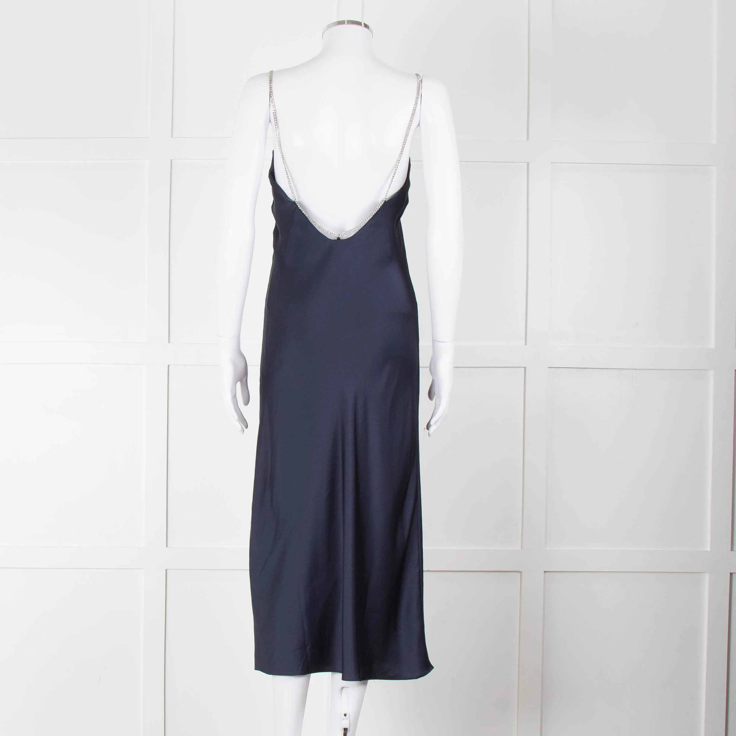 BA & SH Navy Blue Silver Diamante Chain Detail Slip Dress - Image 5