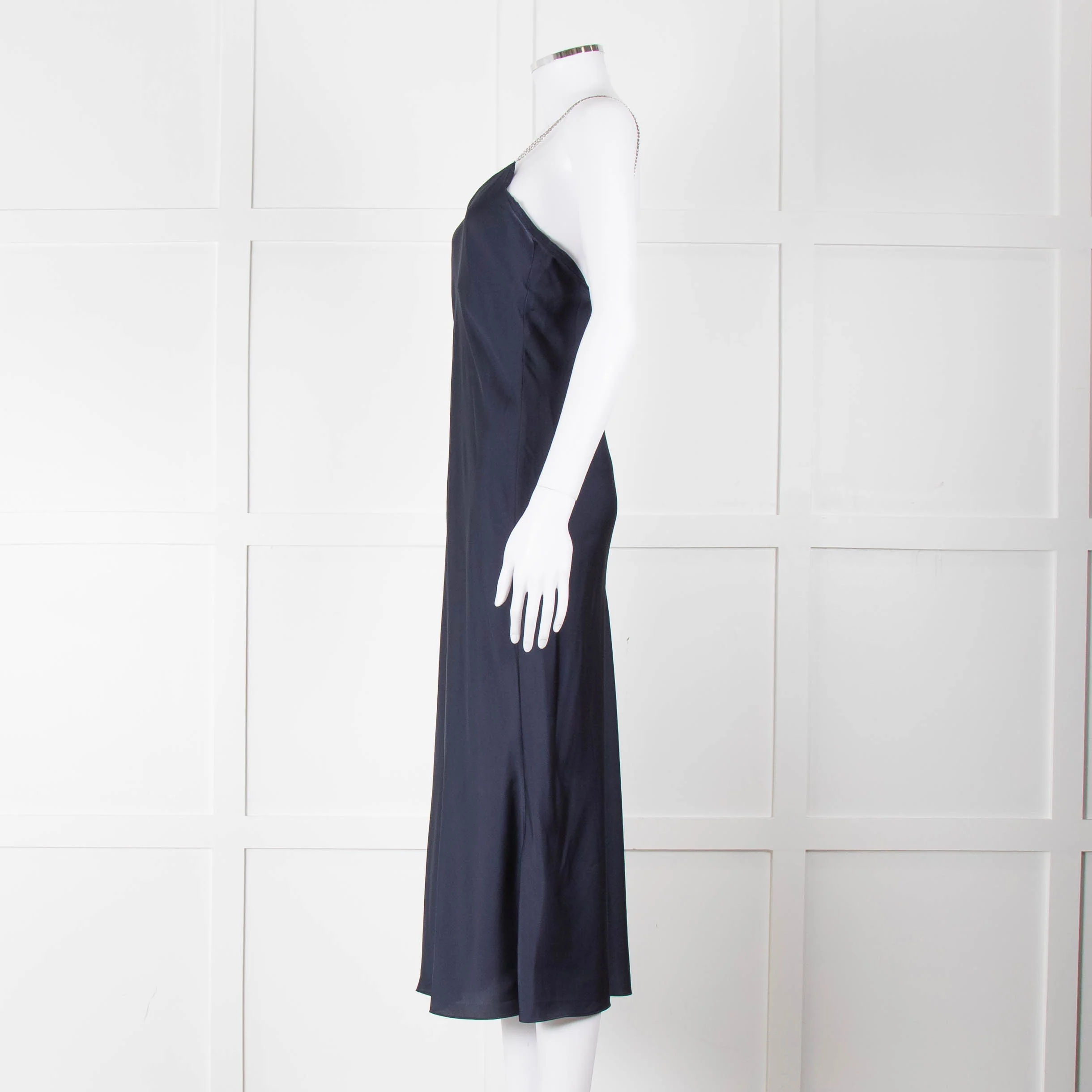 BA & SH Navy Blue Silver Diamante Chain Detail Slip Dress - Image 7
