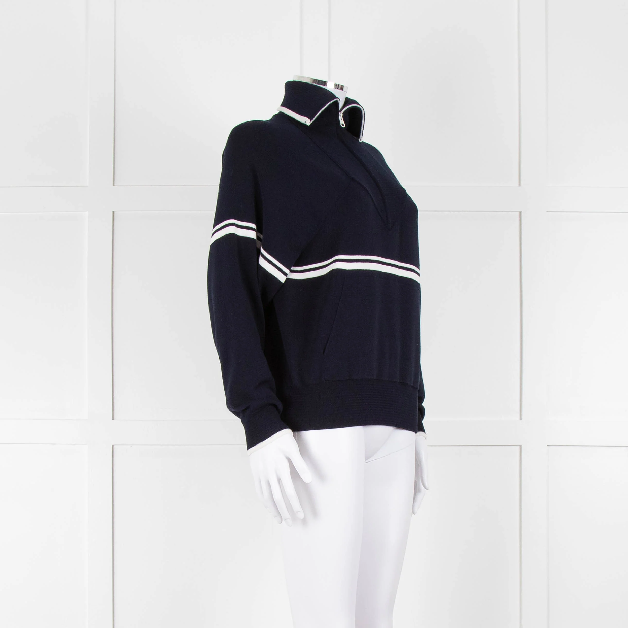 Ba&sh Navy Blue White Stripe Zip Up Sweater - Image 2