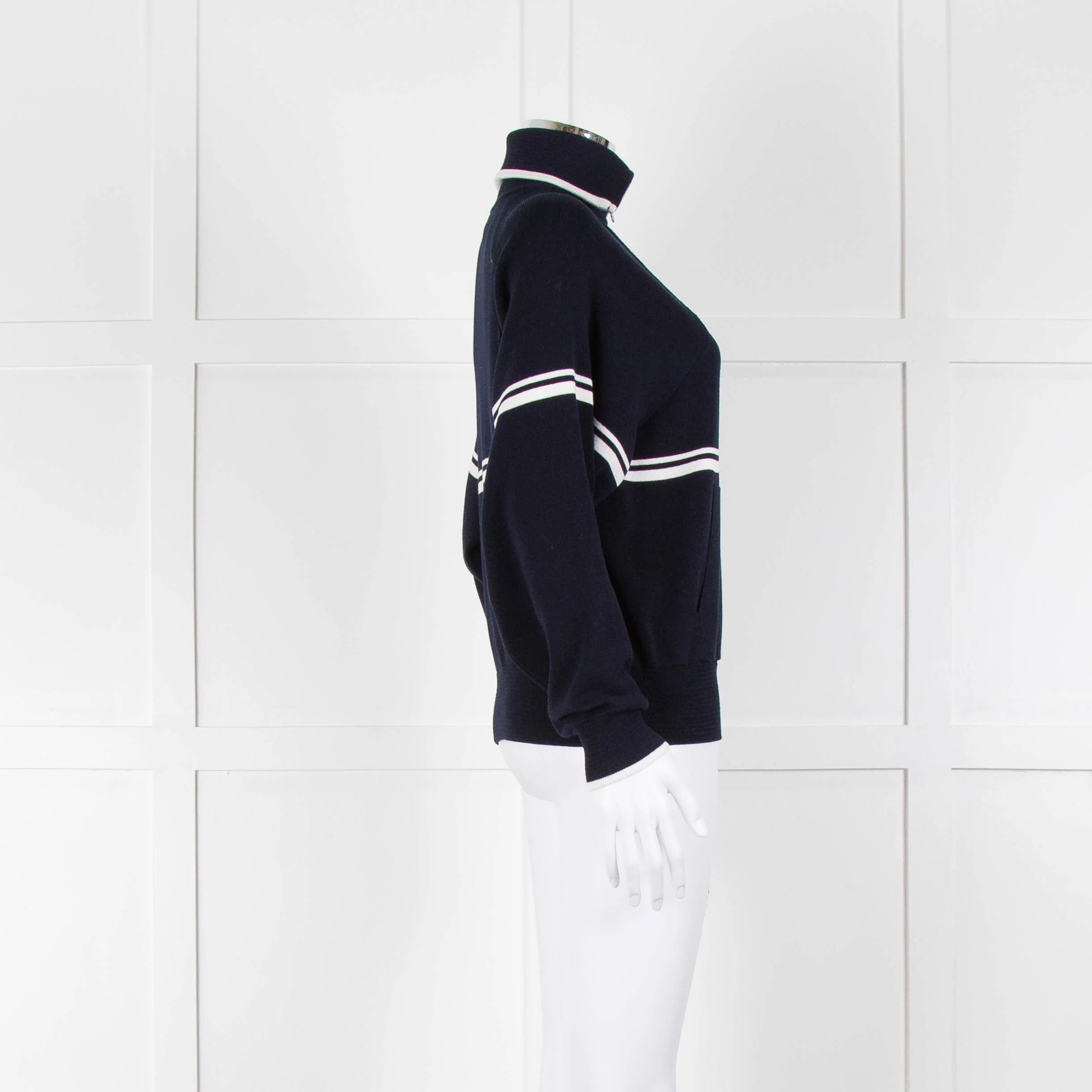 Ba&sh Navy Blue White Stripe Zip Up Sweater - Image 3