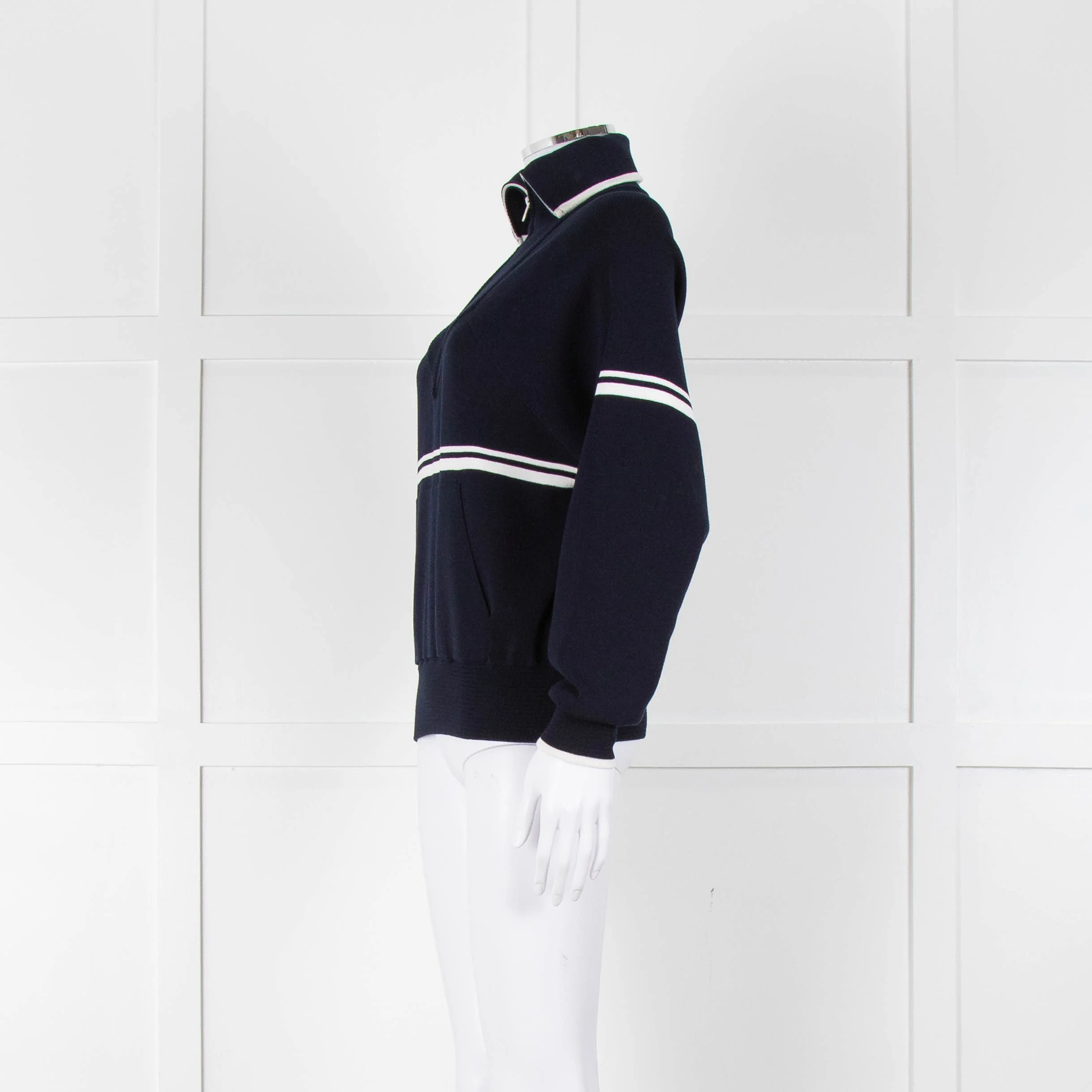 Ba&sh Navy Blue White Stripe Zip Up Sweater - Image 7