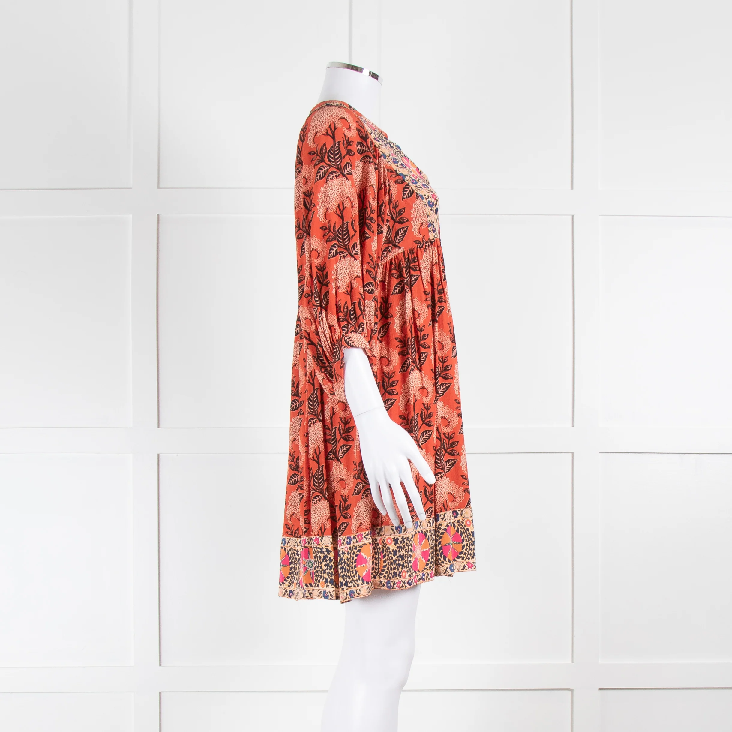BA&SH Orange Black Floral Smock Short Dress - Image 3