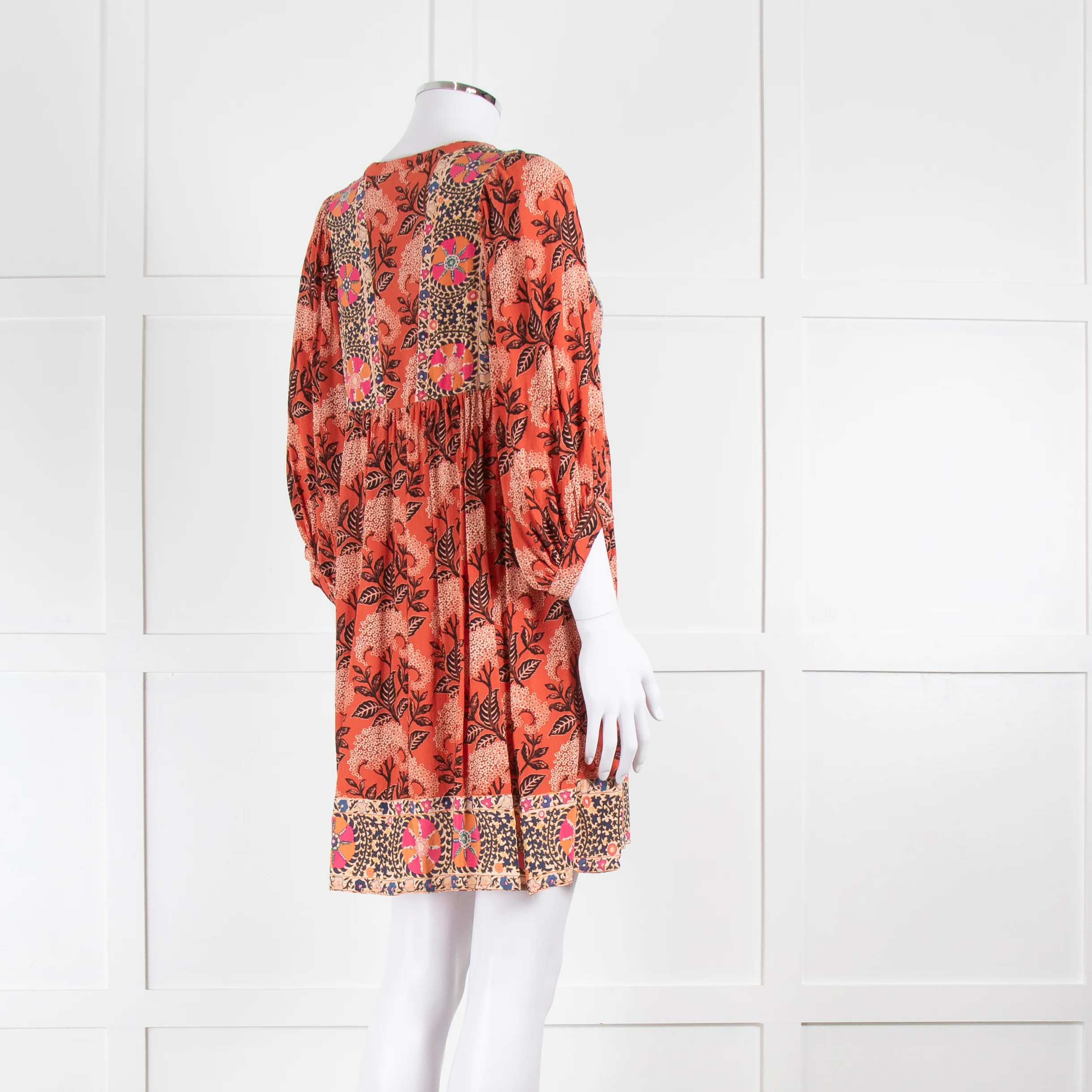 BA&SH Orange Black Floral Smock Short Dress - Image 4