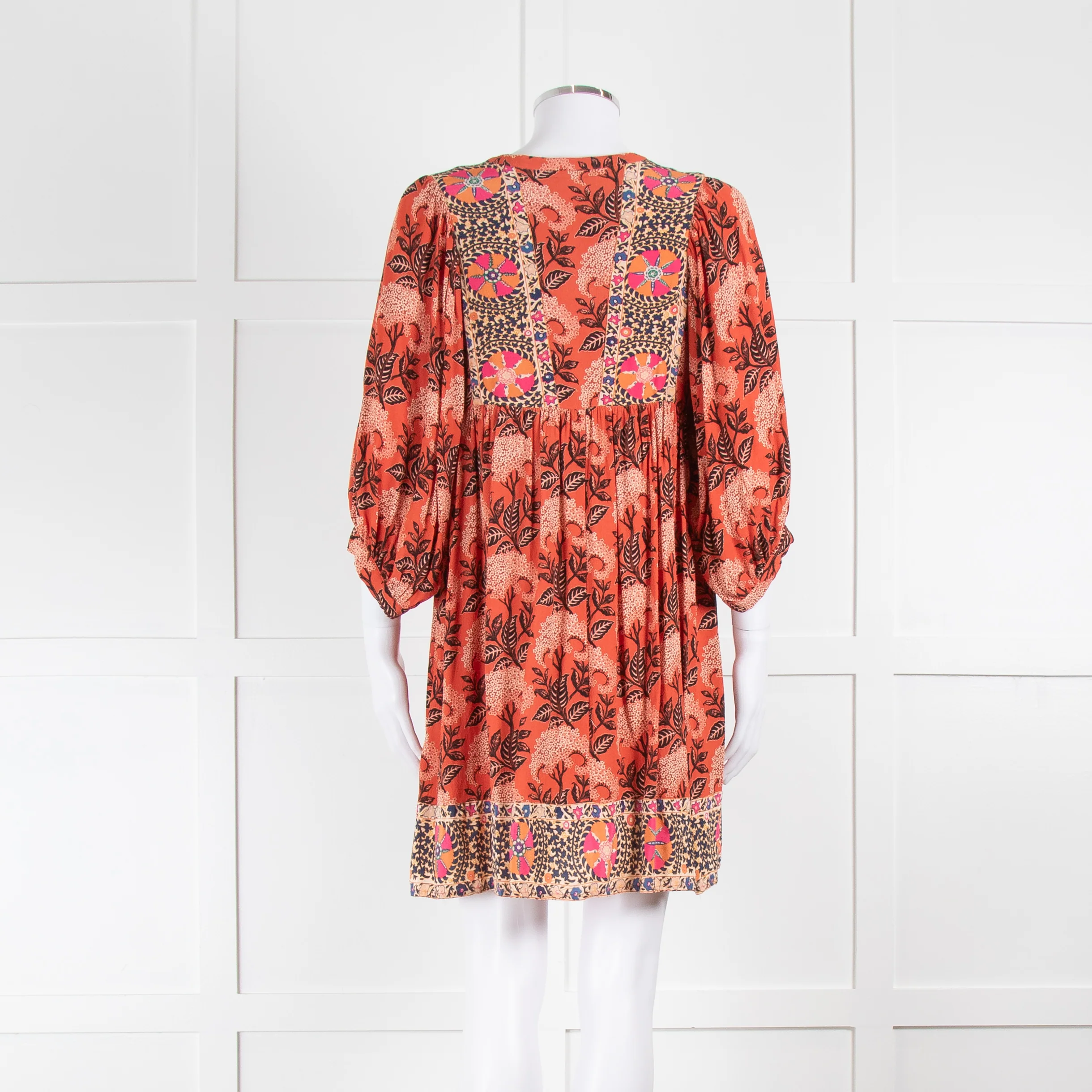 BA&SH Orange Black Floral Smock Short Dress - Image 5