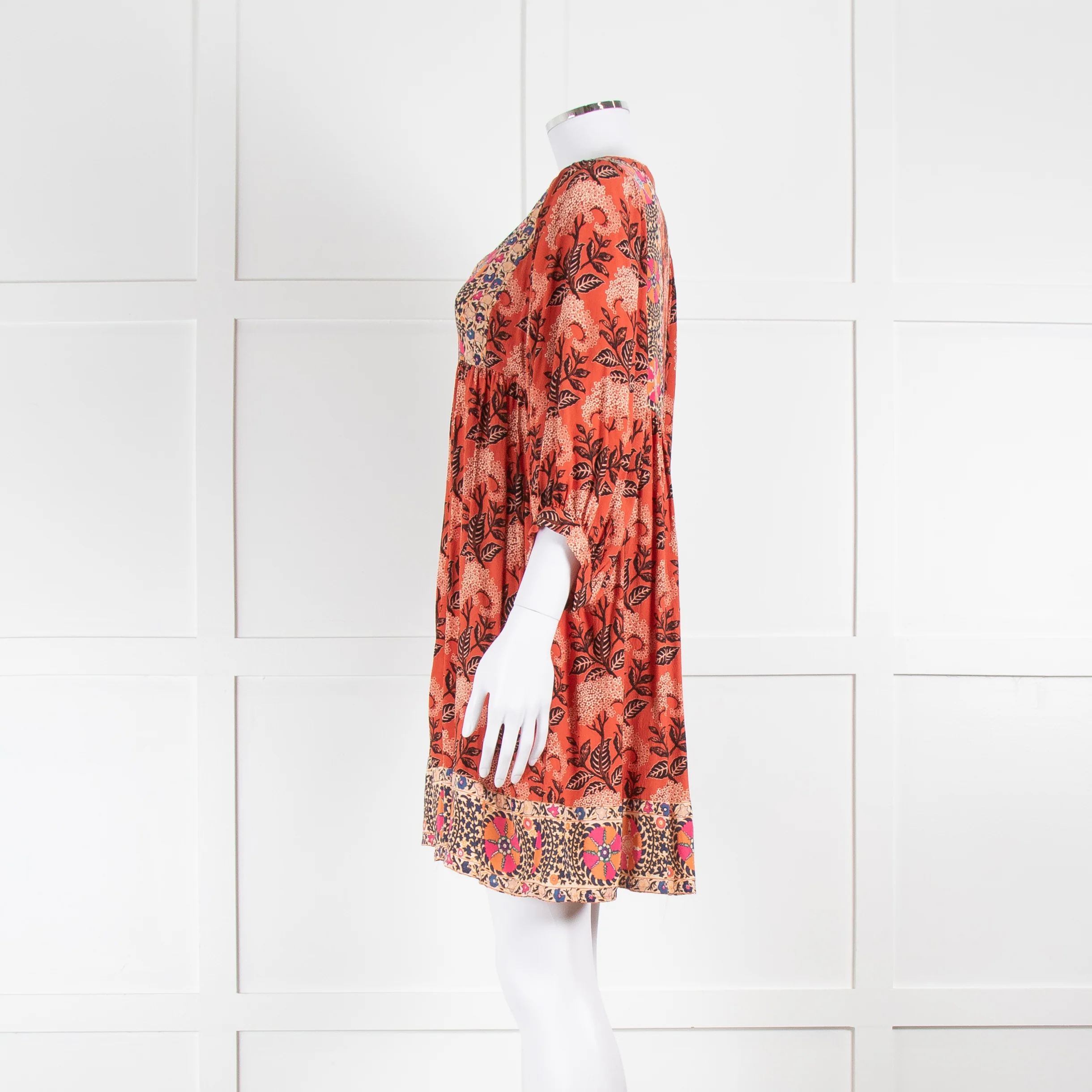 BA&SH Orange Black Floral Smock Short Dress - Image 7