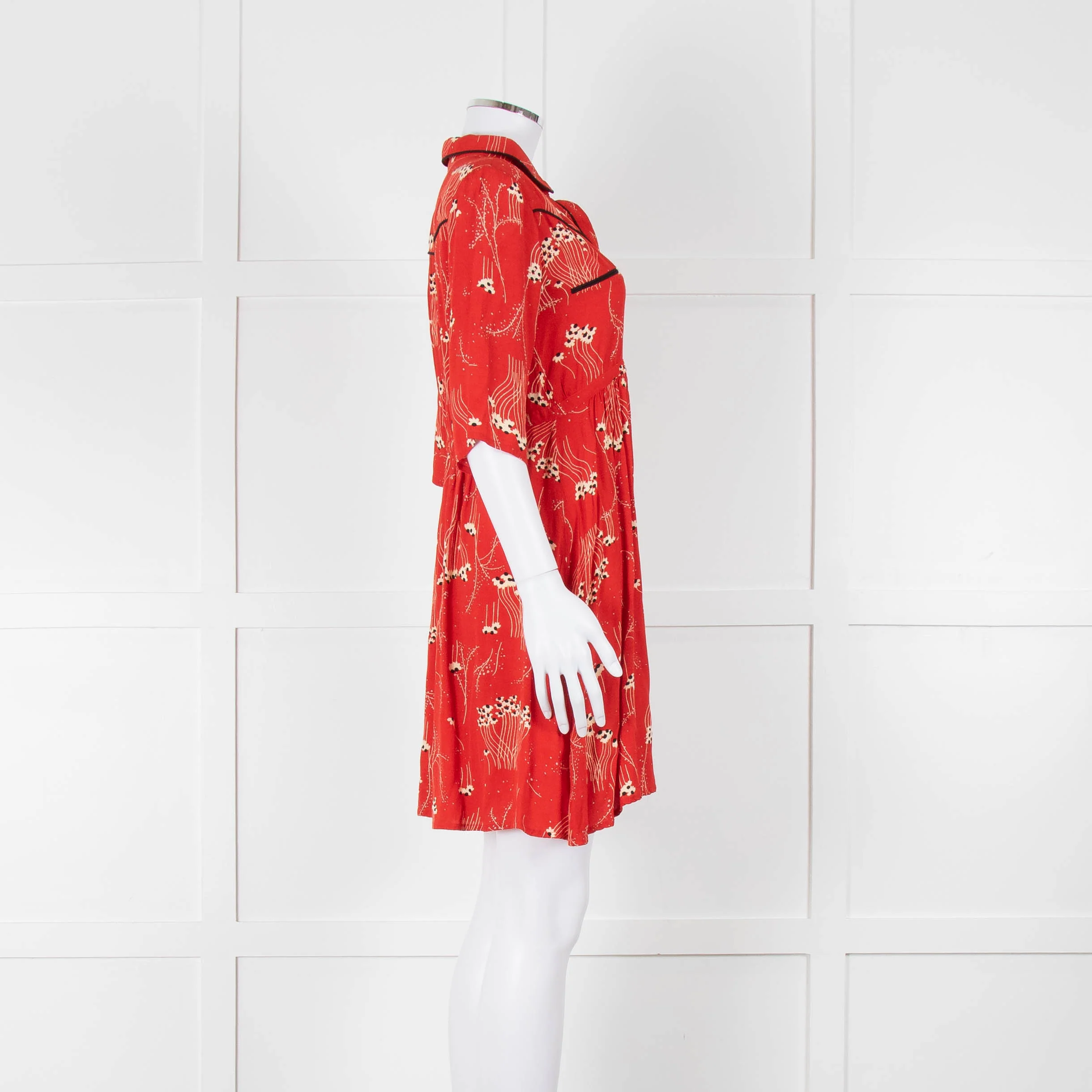 Ba&sh Orange Cream Floral Black Trim Short Sleeve Dress - Image 3