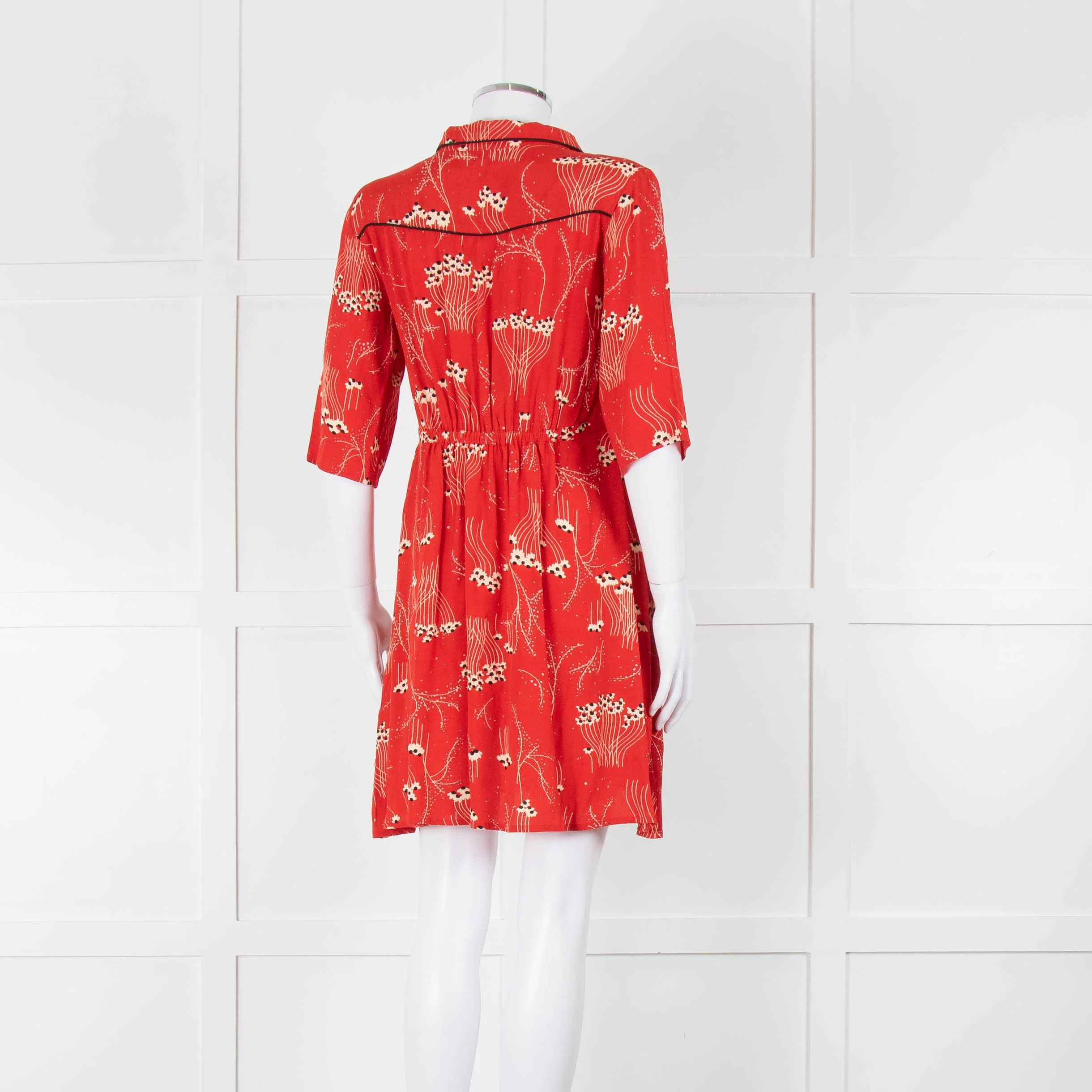 Ba&sh Orange Cream Floral Black Trim Short Sleeve Dress - Image 4