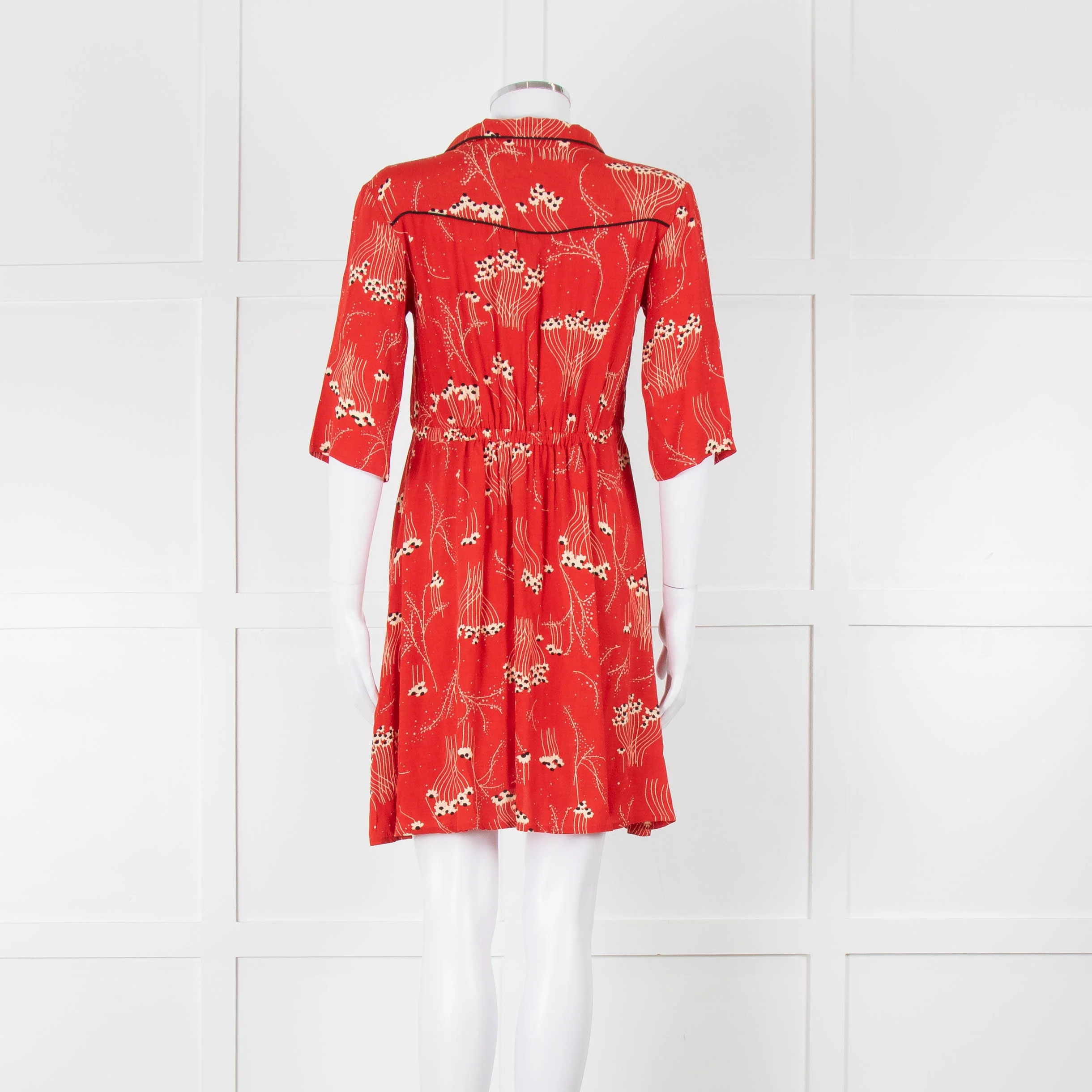 Ba&sh Orange Cream Floral Black Trim Short Sleeve Dress - Image 5