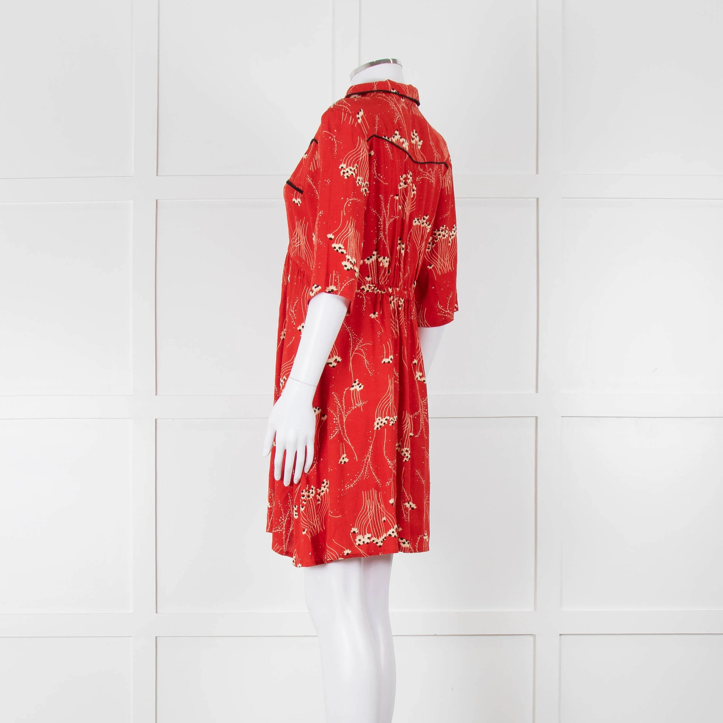 Ba&sh Orange Cream Floral Black Trim Short Sleeve Dress - Image 6